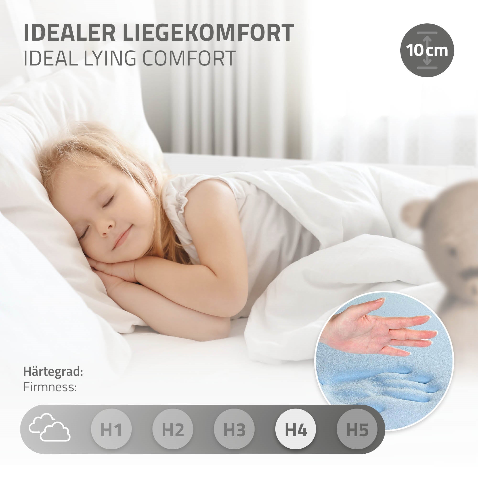 Schlafendes Kind auf Bett, mit Kissen, 10 cm Matratze, H4 Härtegrad.
