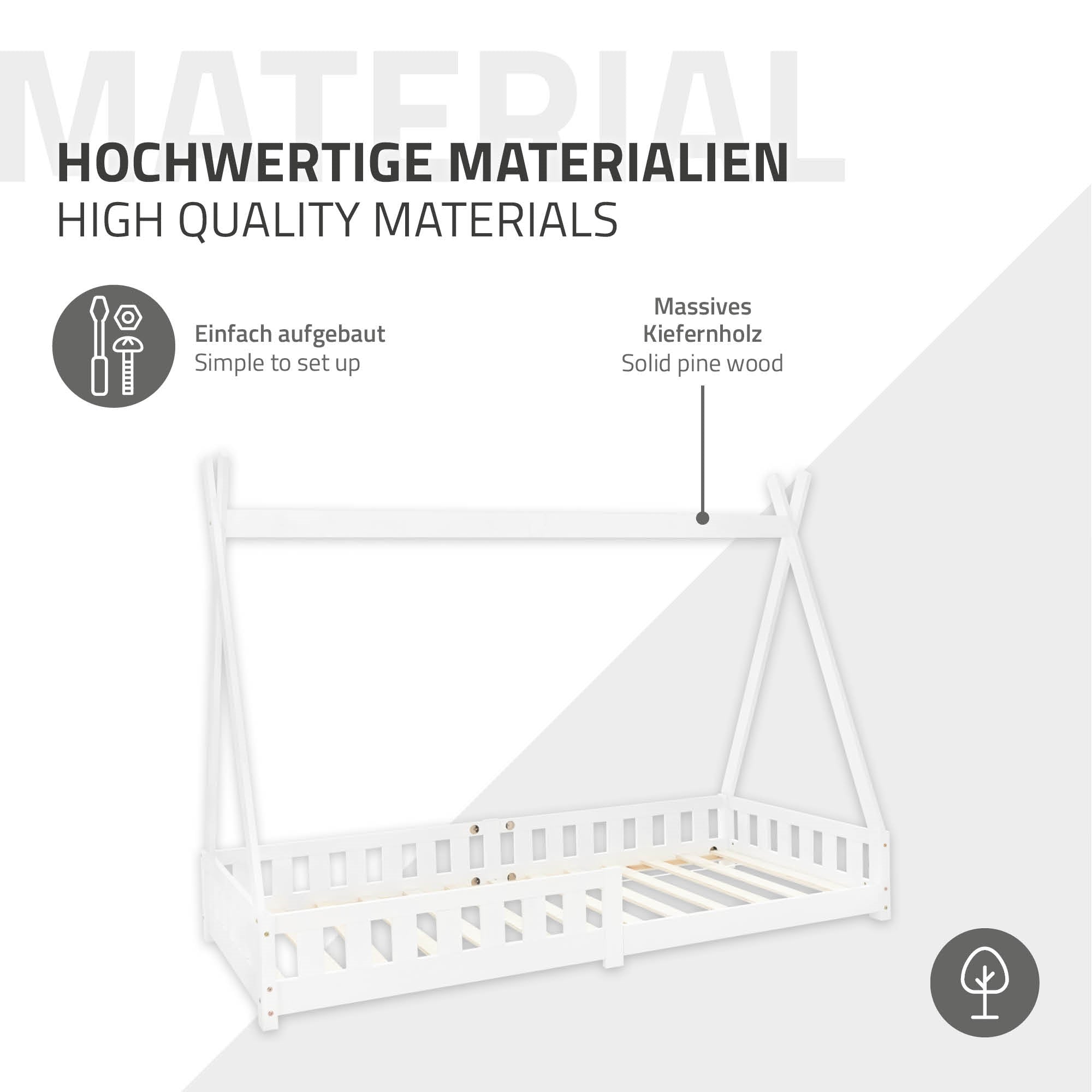 Bett aus massivem Kiefernholz mit slatted frame und stabiler Konstruktion.