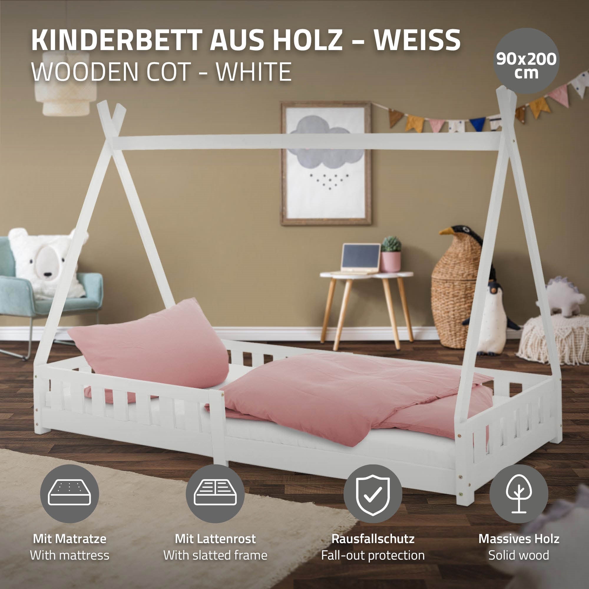 Weißes Kinderbett aus Holz mit Matratze und Rausfallschutz.