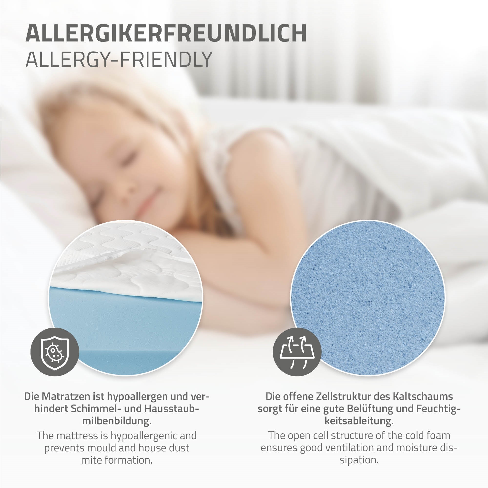 Nahaufnahme von Matratze und Schaumstoffstruktur für Allergiker.