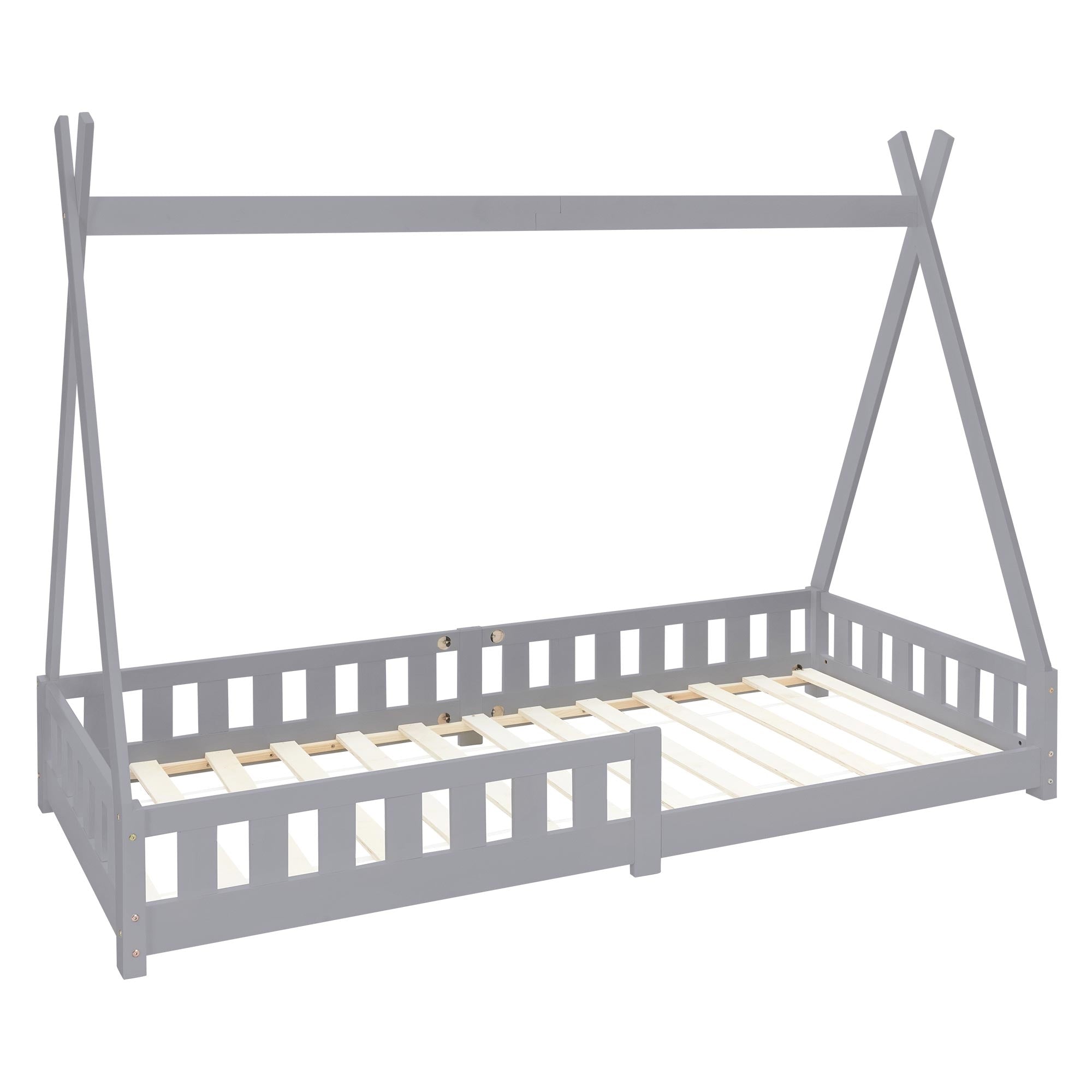 Bett mit slatted frame in grau, mit abgerundeten Ecken.