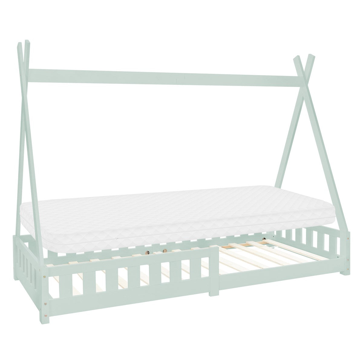 Hochbett in mintgrün mit Matratze und Lattenrost.