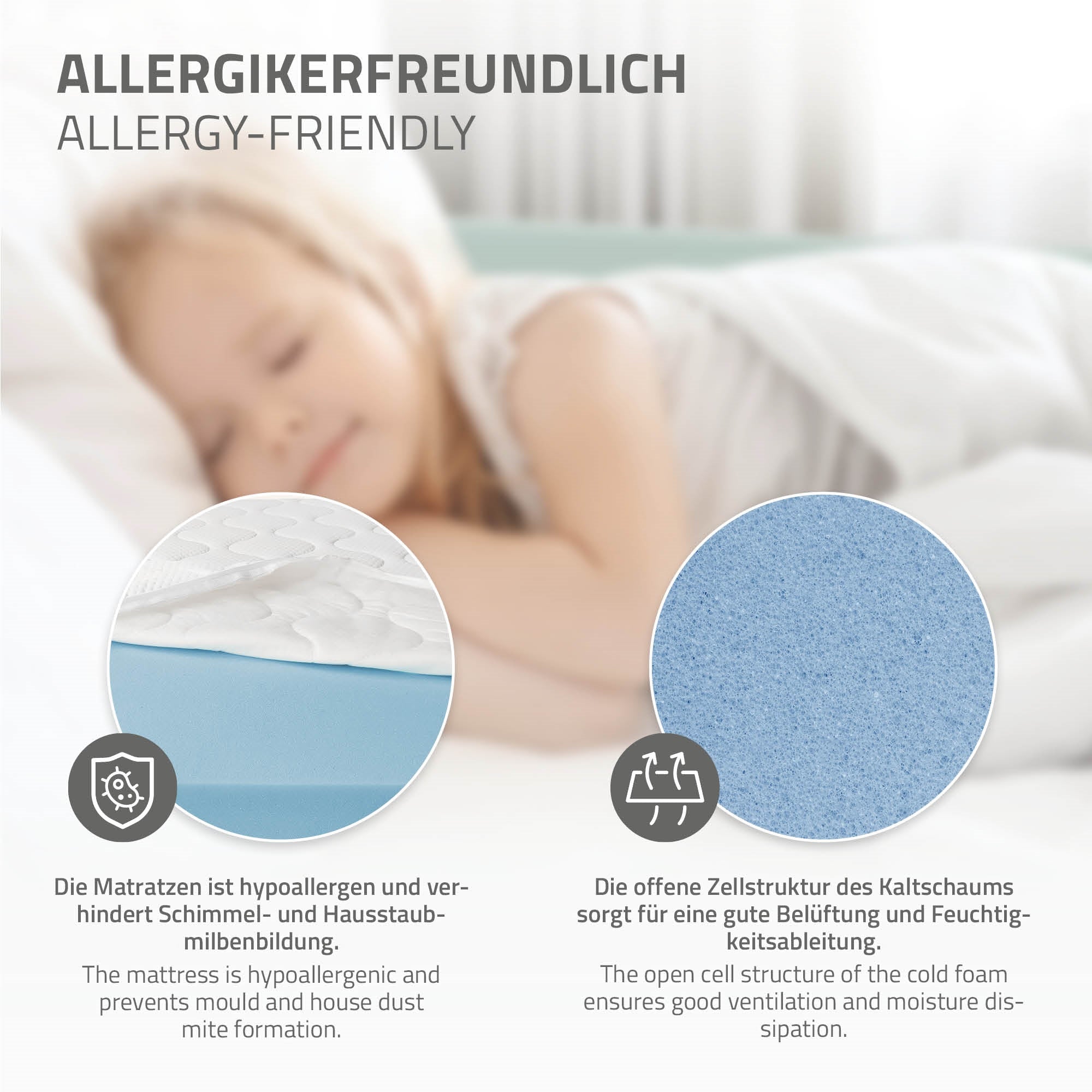 Nahaufnahme von hypoallergener Matratze und Kaltschaumstruktur.