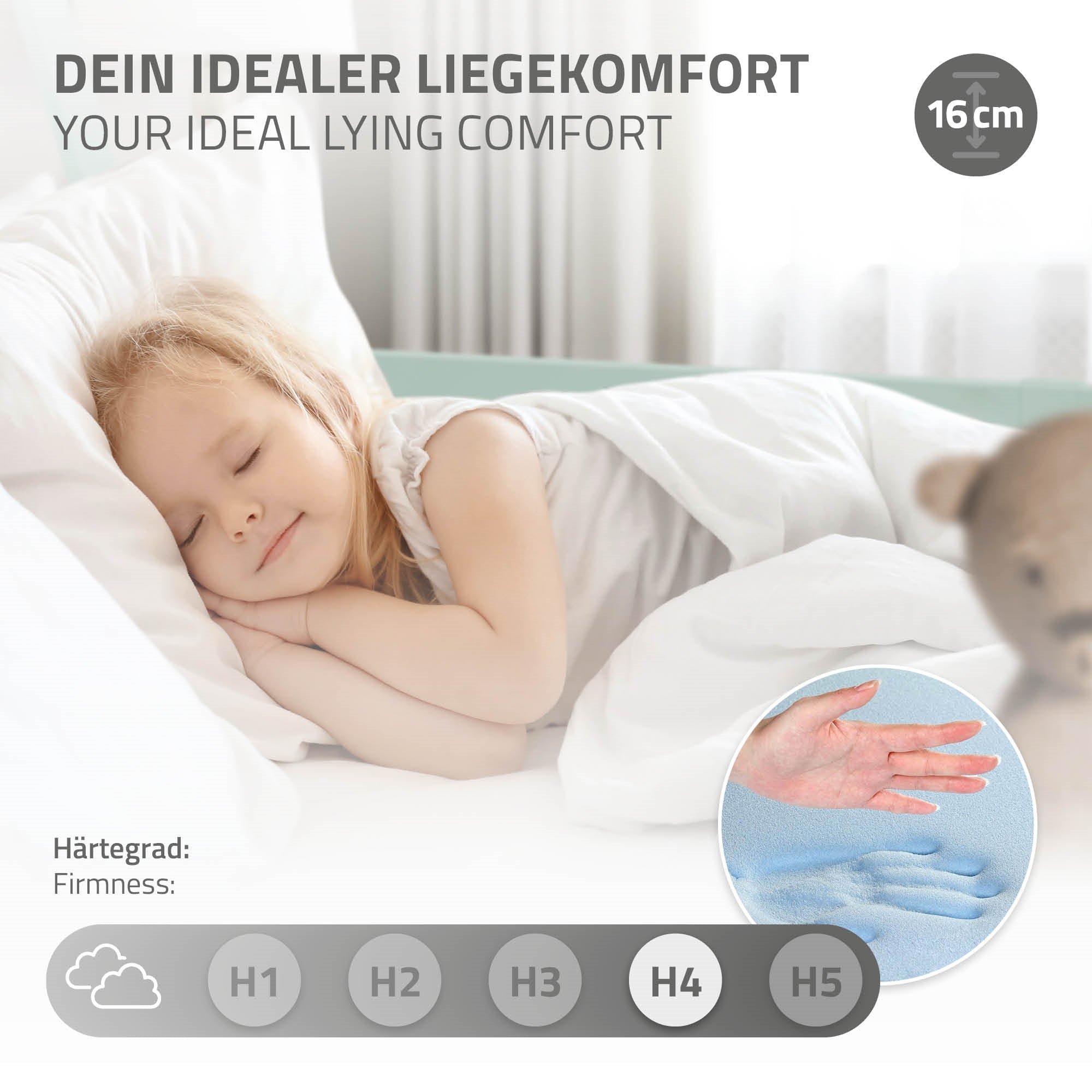 Kind schläft auf Kissen, zeigt idealen Liegekomfort.