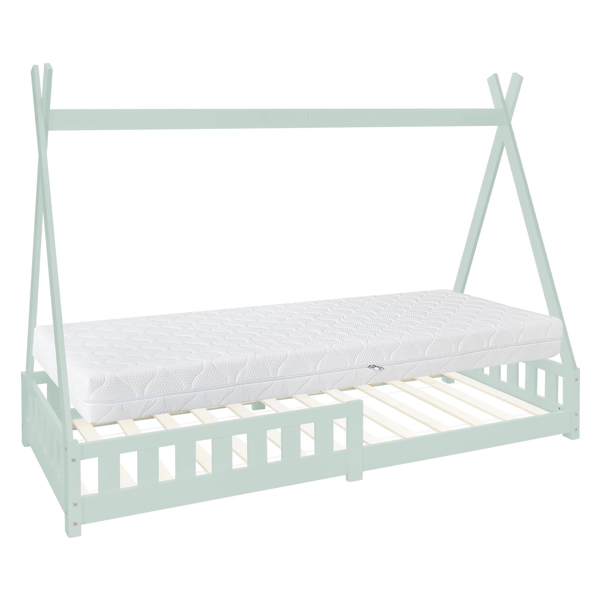 Mintgrünes Holzrahmenbett mit Matratze und Lattenrost.