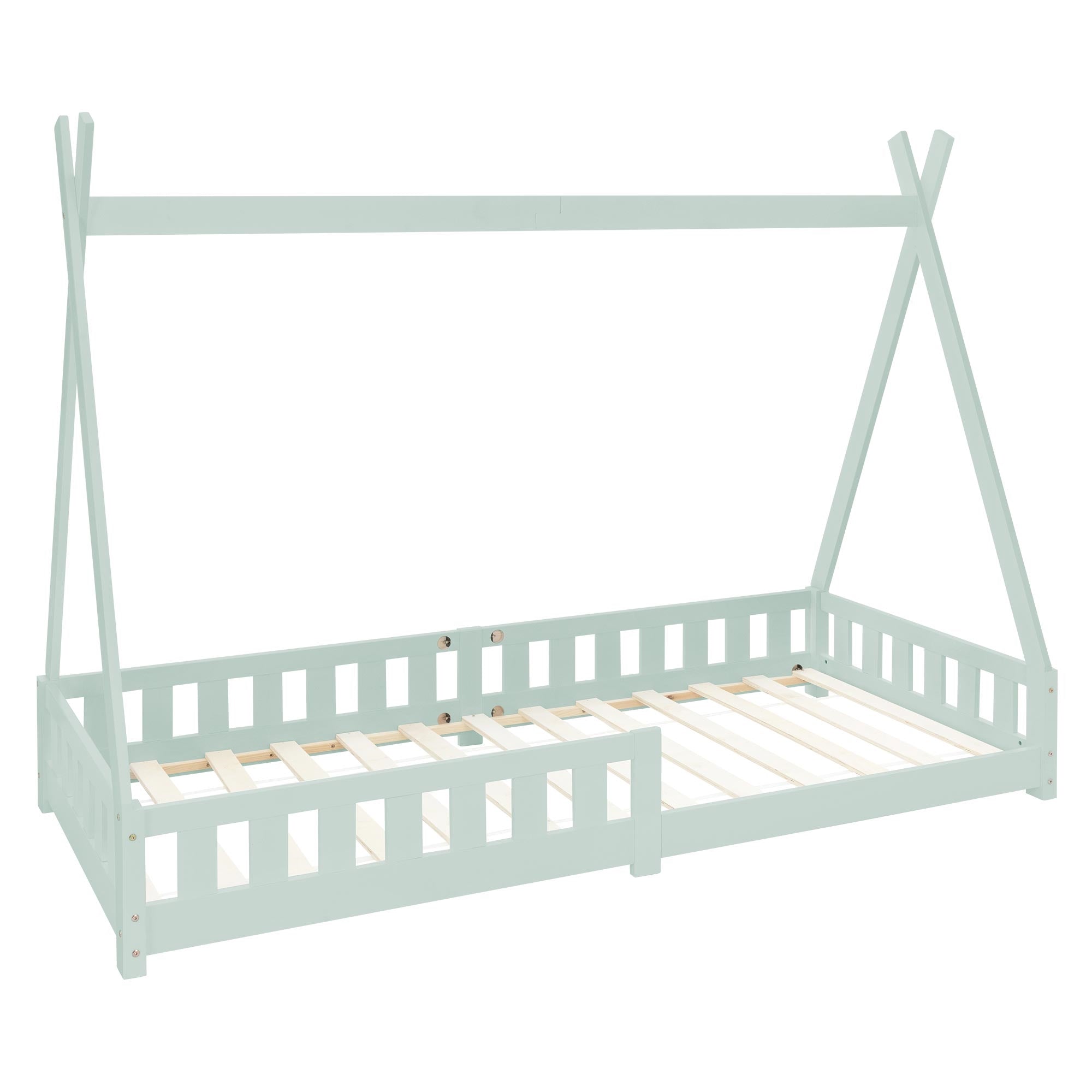 Bettgestell in mintgrün mit stabilen Holzlatten.