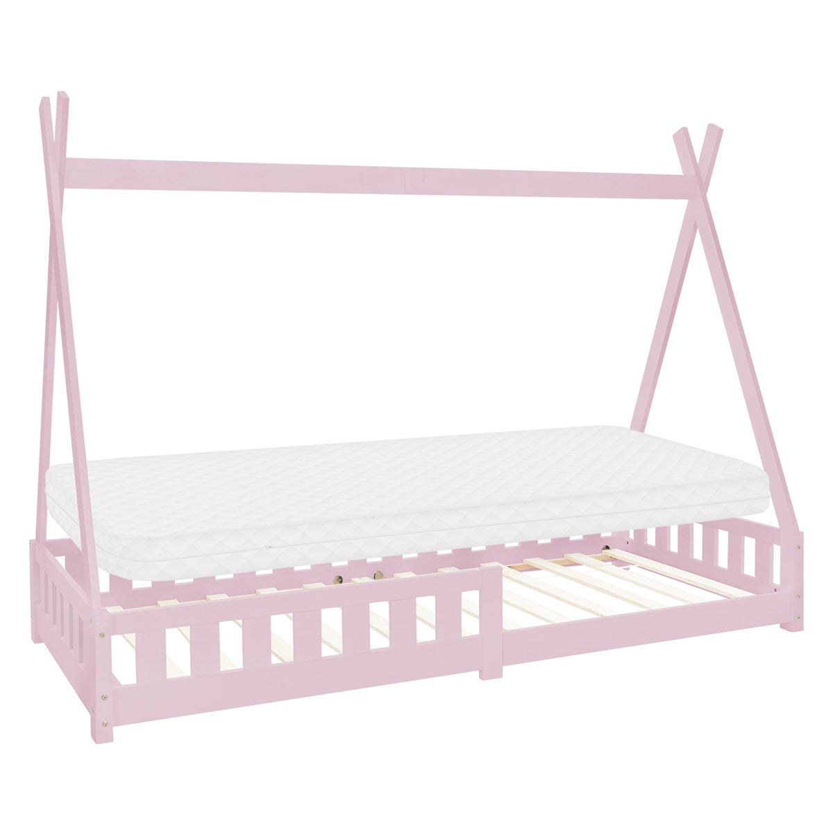Rosa Kinderbett mit Matratze, Rausfallschutz und Holzrahmen.