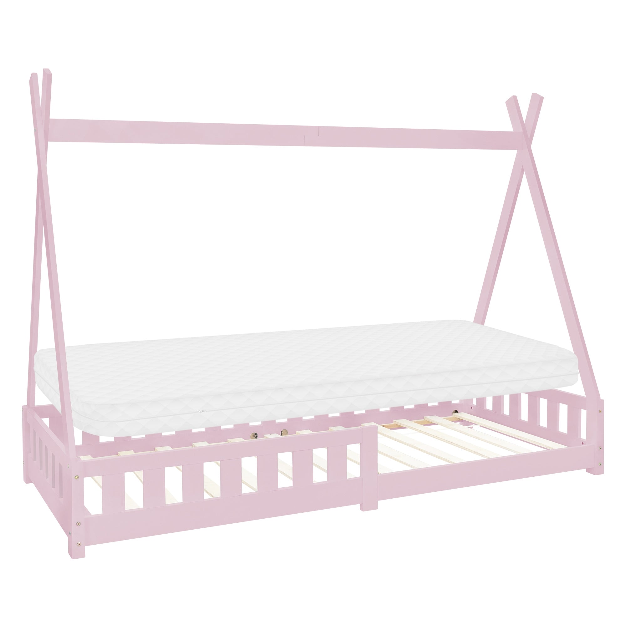Rosa Kinderbett mit Matratze, Rausfallschutz und Holzrahmen.