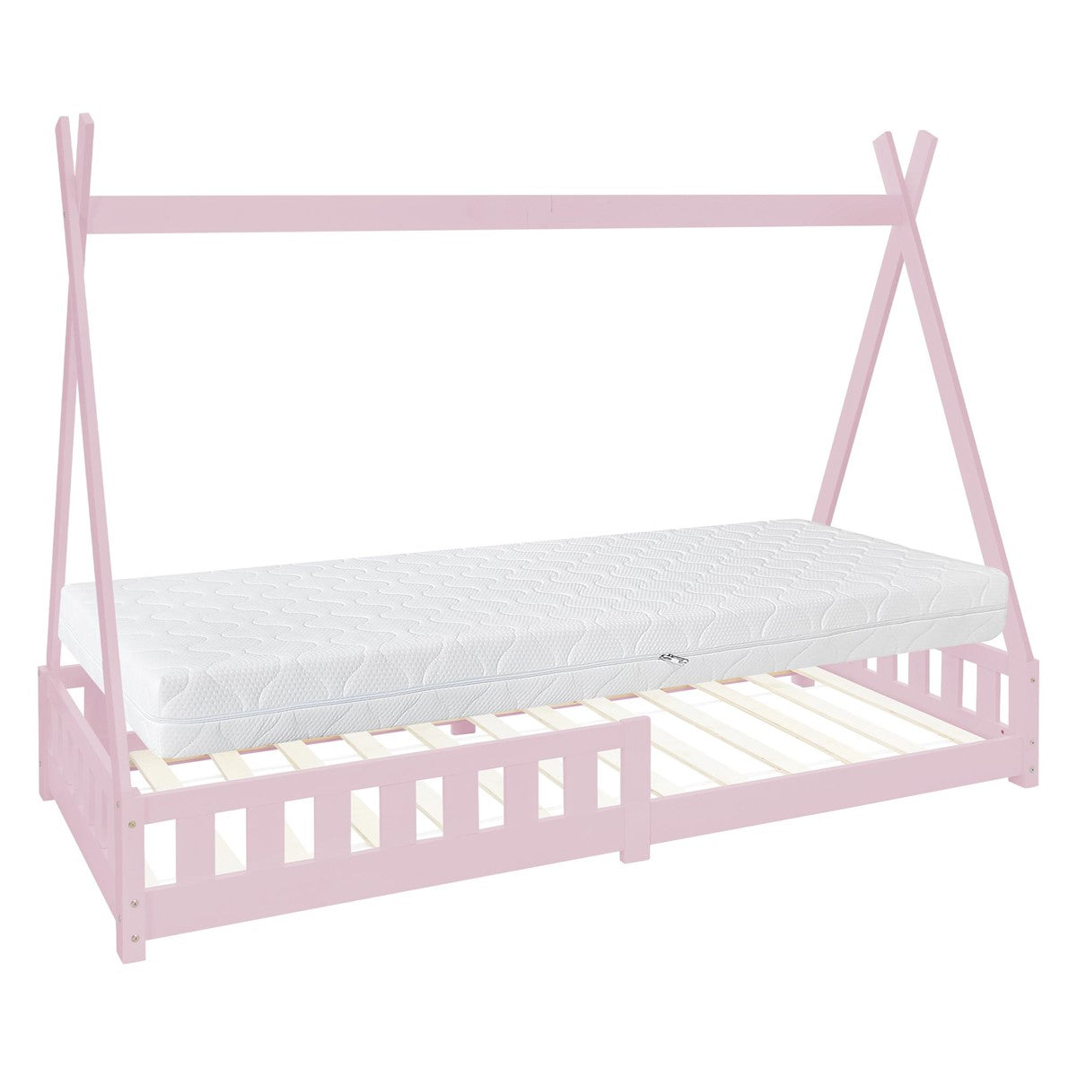 Rosa Kinderbett mit Matratze und Holzlattenrost.