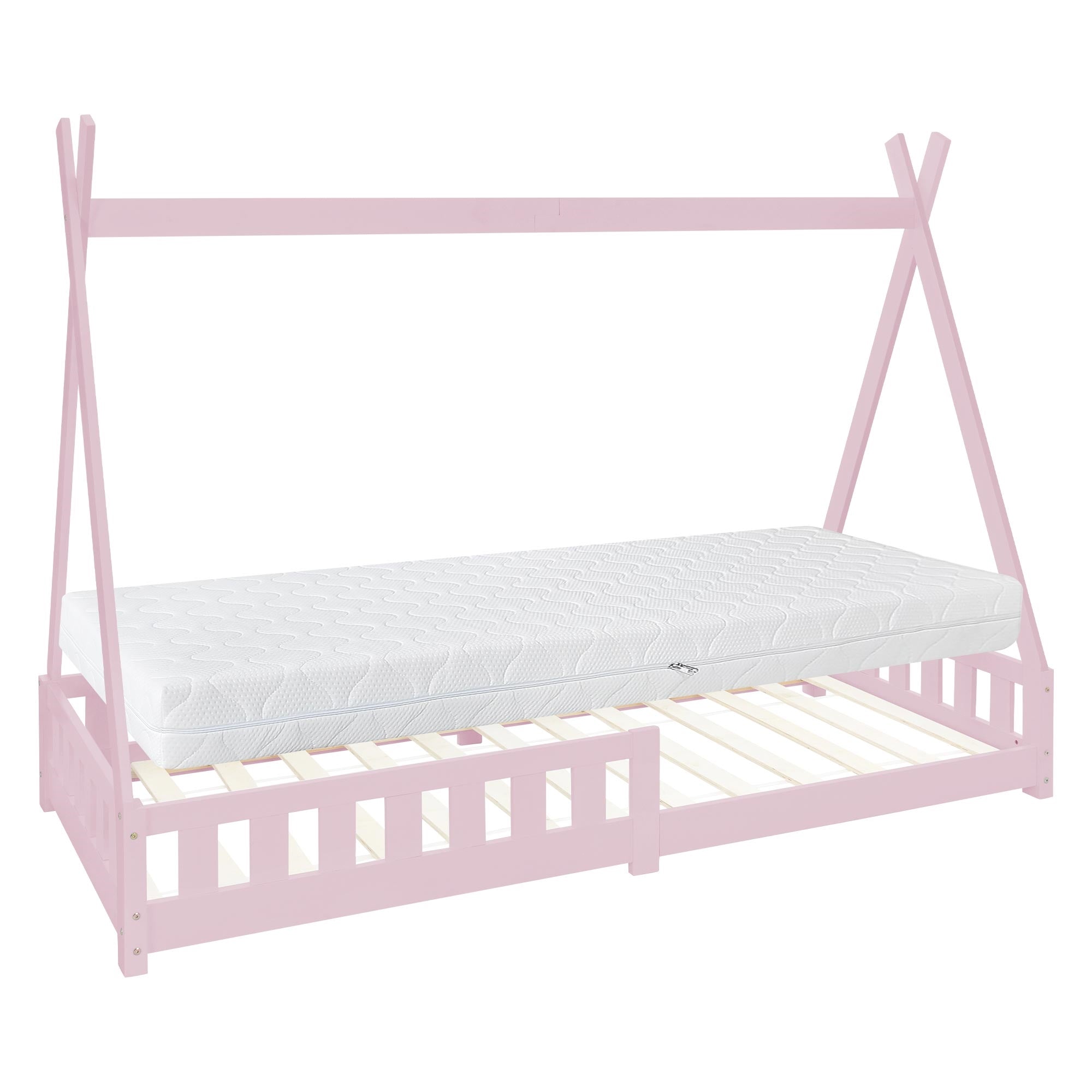 Rosa Kinderbett mit Matratze und Holzlattenrost.