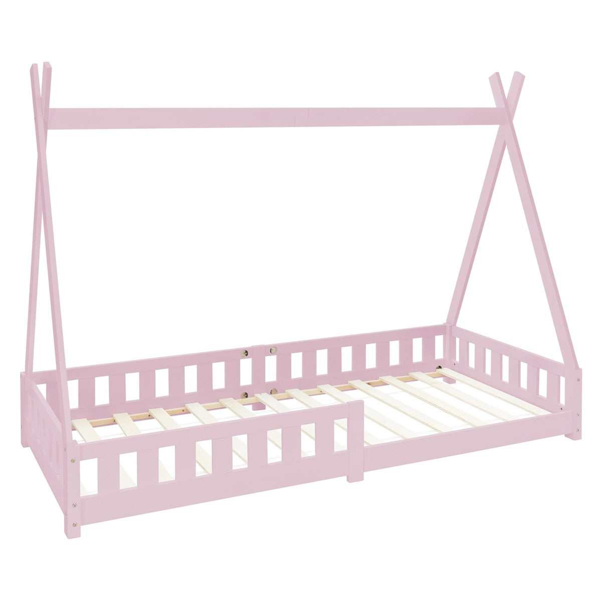 Kinderbett in rosa mit Dach und ohne Matratze.