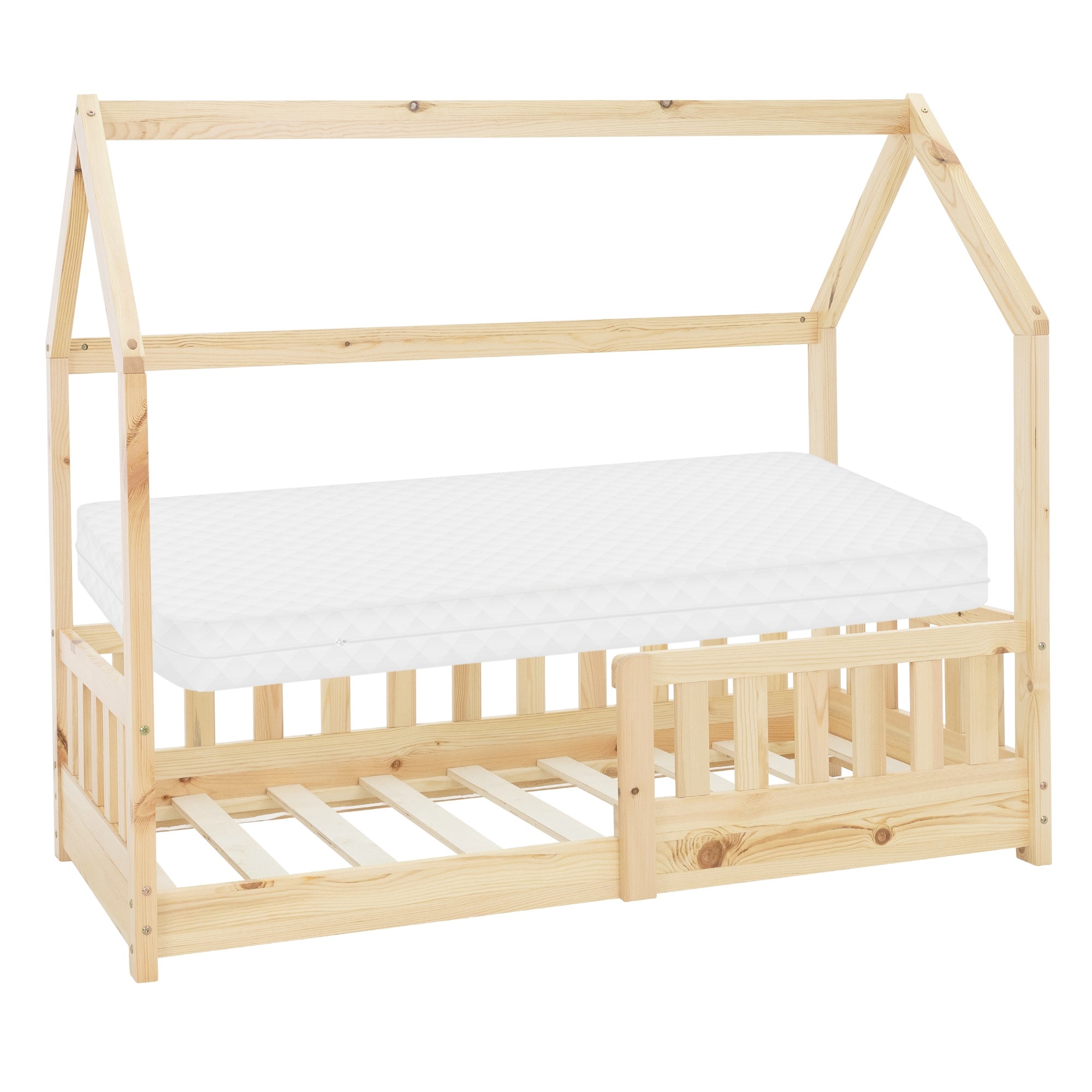 Bett mit Matratze, schrägem Dach und seitlichem Rausfallschutz.