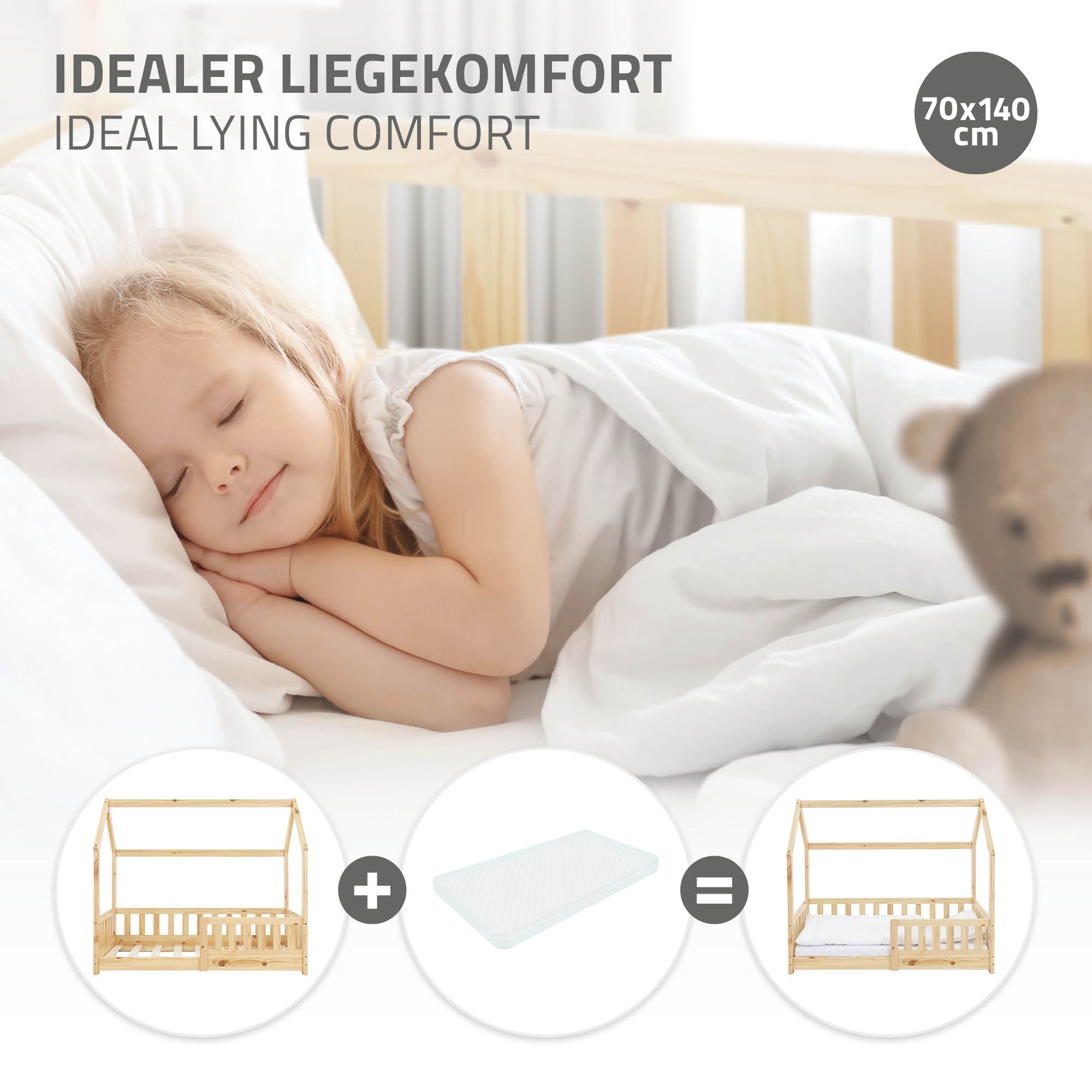Enfant endormi sur un matelas dans un lit en bois.
