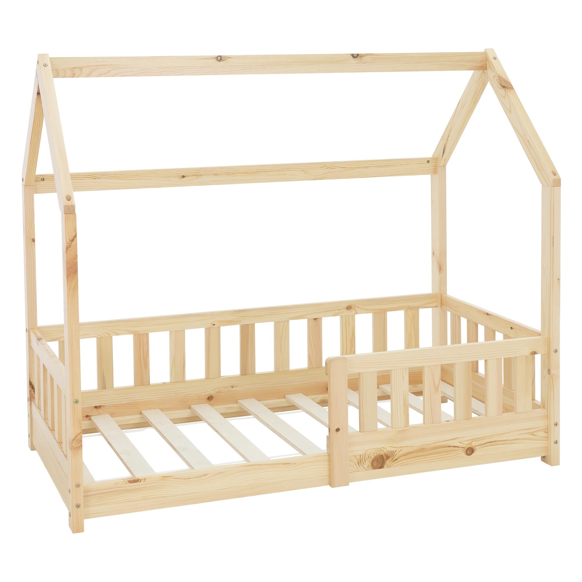 Cama de madera con estructura de techo y barrotes laterales.