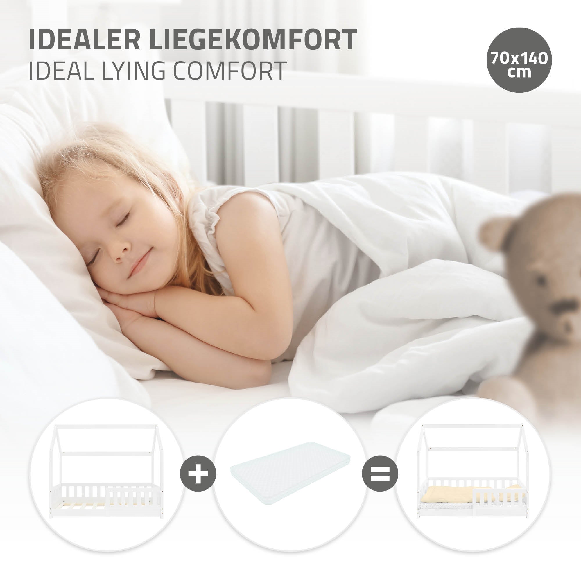 Ein schlafendes Kind im Bett mit einer Matratze.