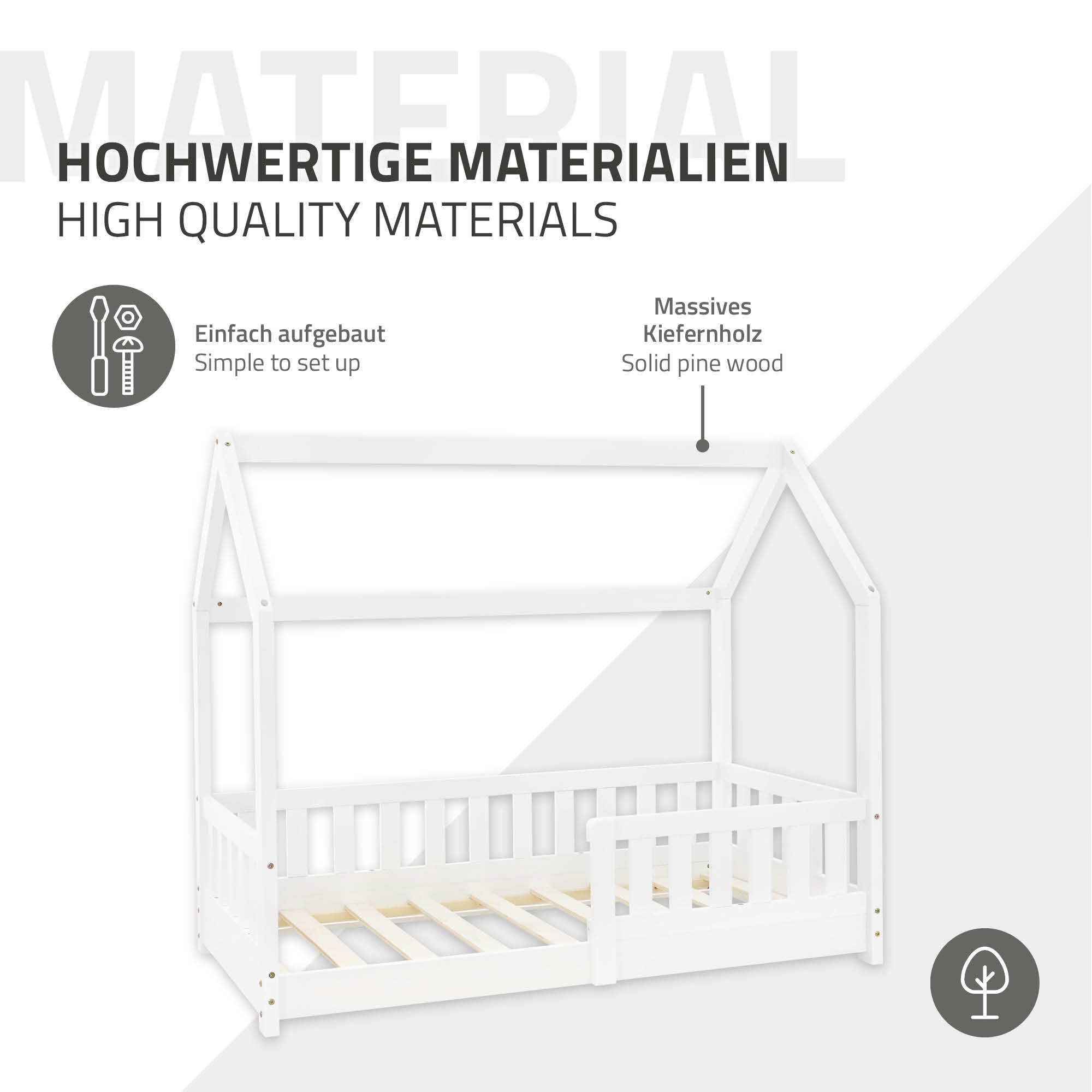 Holzbett im Hausdesign aus massivem Kiefernholz.