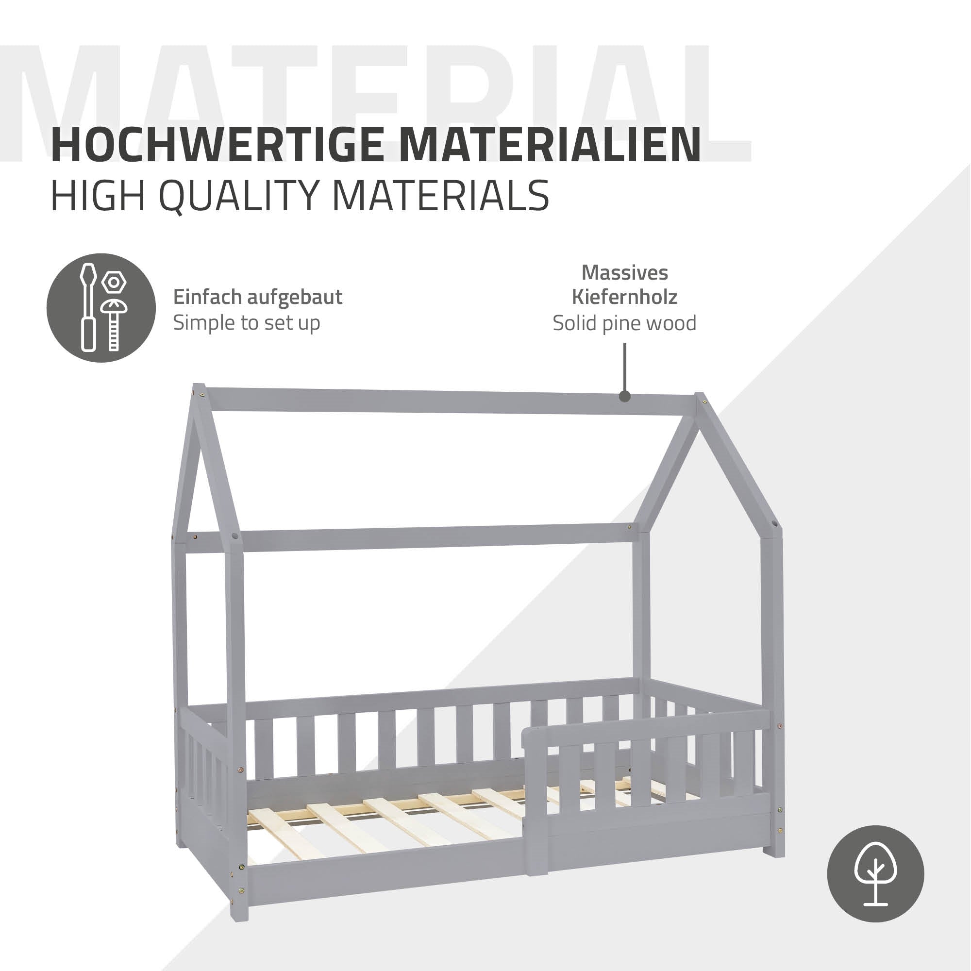 Holz-Kinderbett in hellgrau, einfach aufzubauen, mit slatted frame.