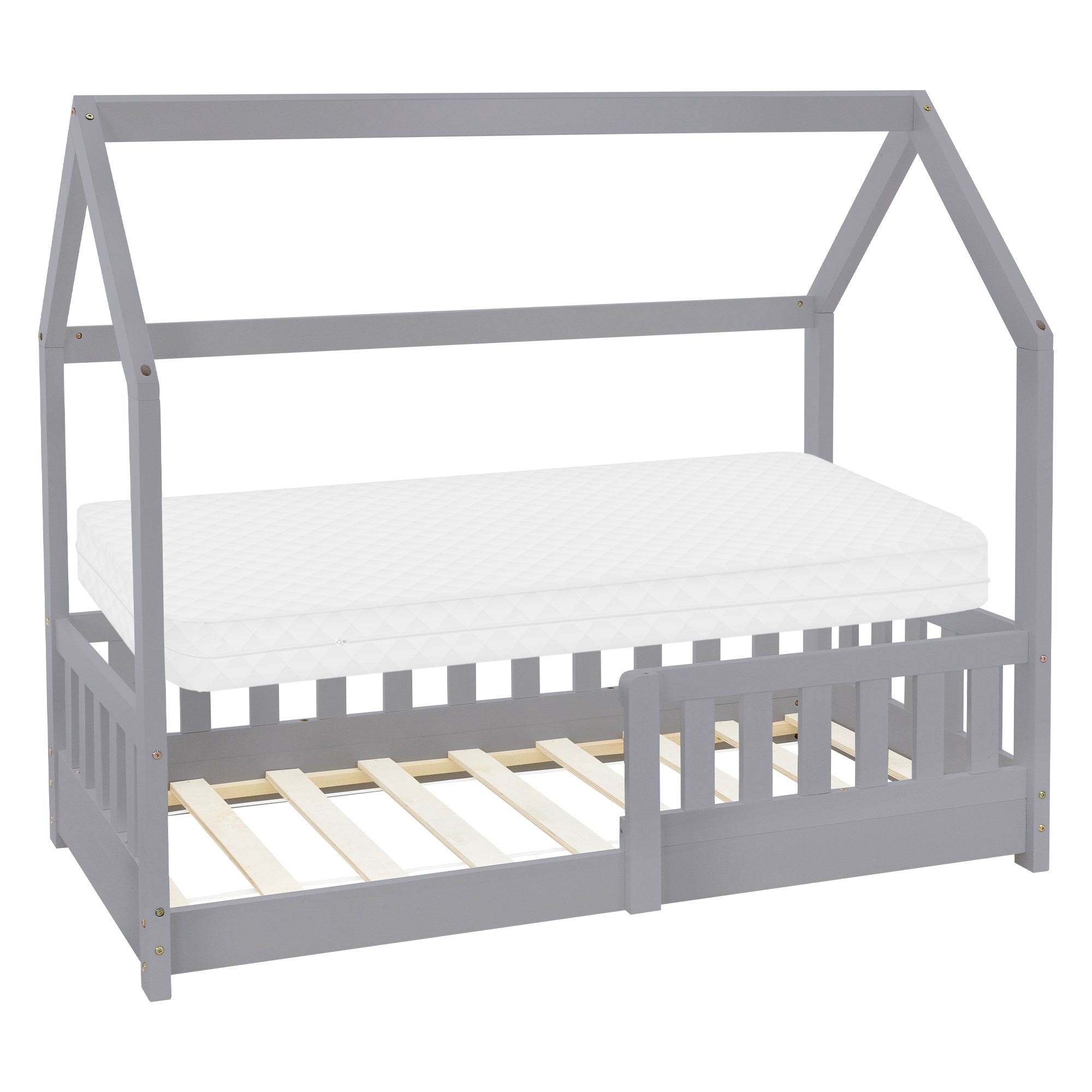 Bett mit Hausdesign und einer Matratze darauf.