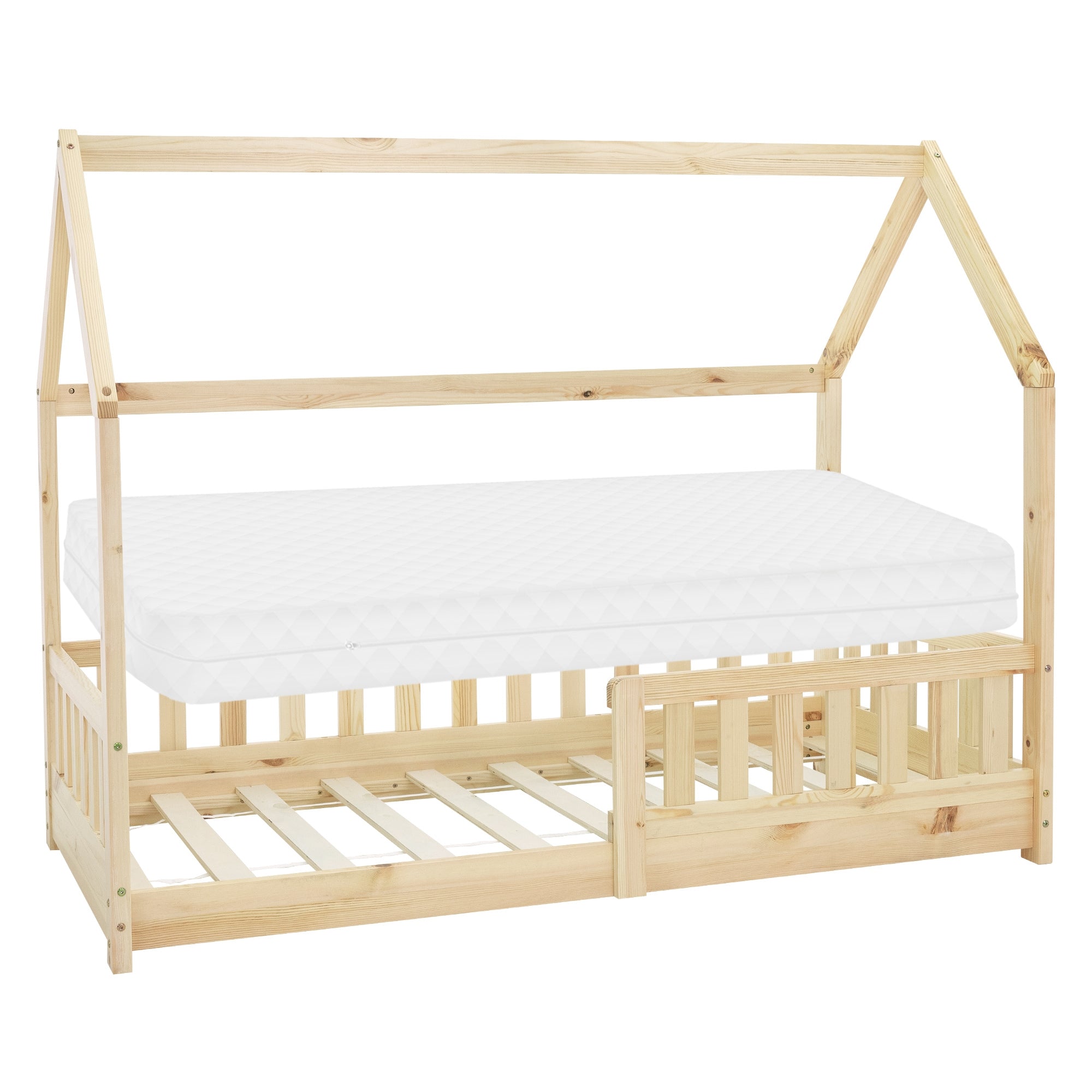 Holz-Kinderbett im Hausdesign mit einer Matratze und einem Gitter.