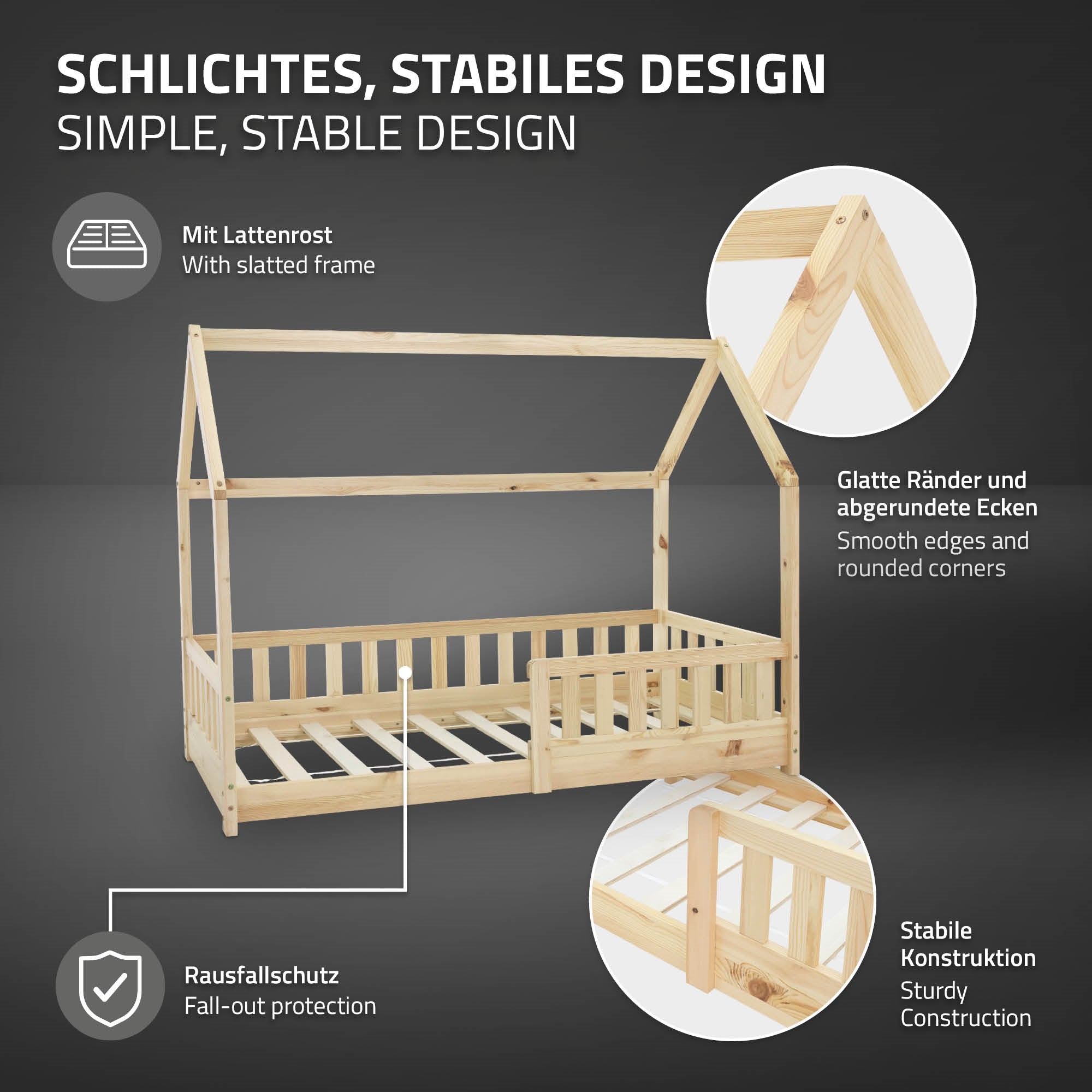 Holz-Kinderbett mit Lattenrost und abgerundeten Ecken.