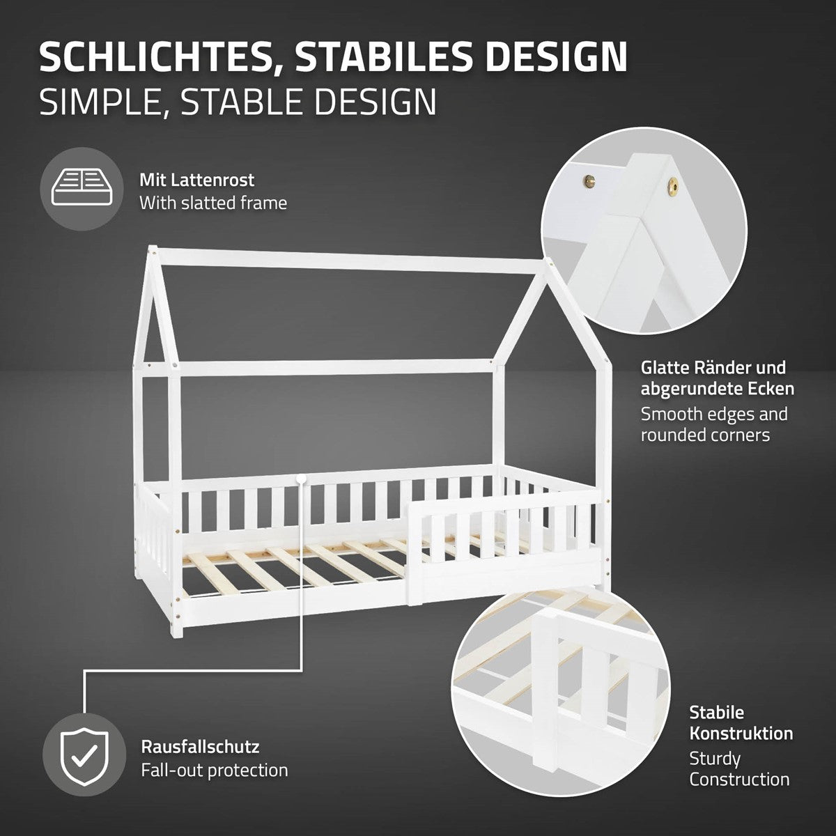 Bed with roof, white frame, slatted frame, sturdy construction.