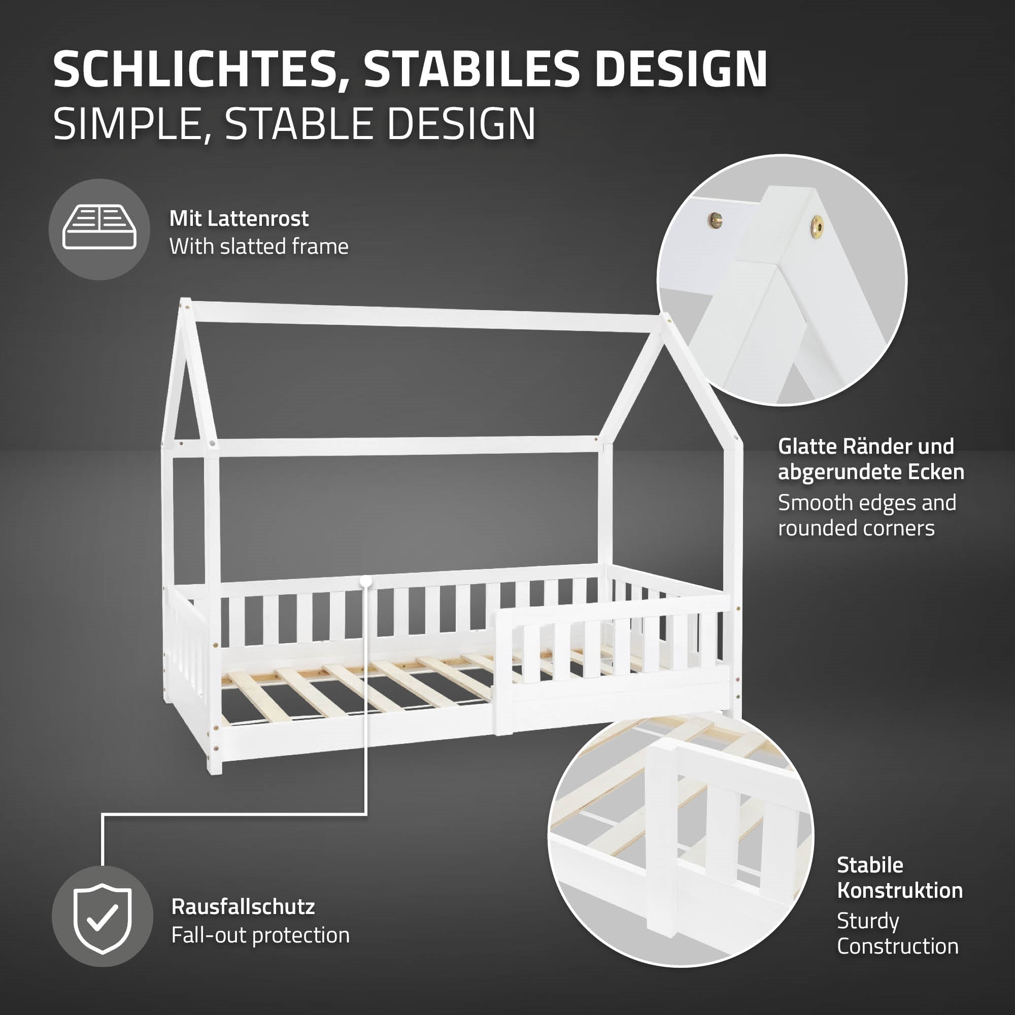 Bett mit Hausdach, stabile Konstruktion und runde Ecken.
