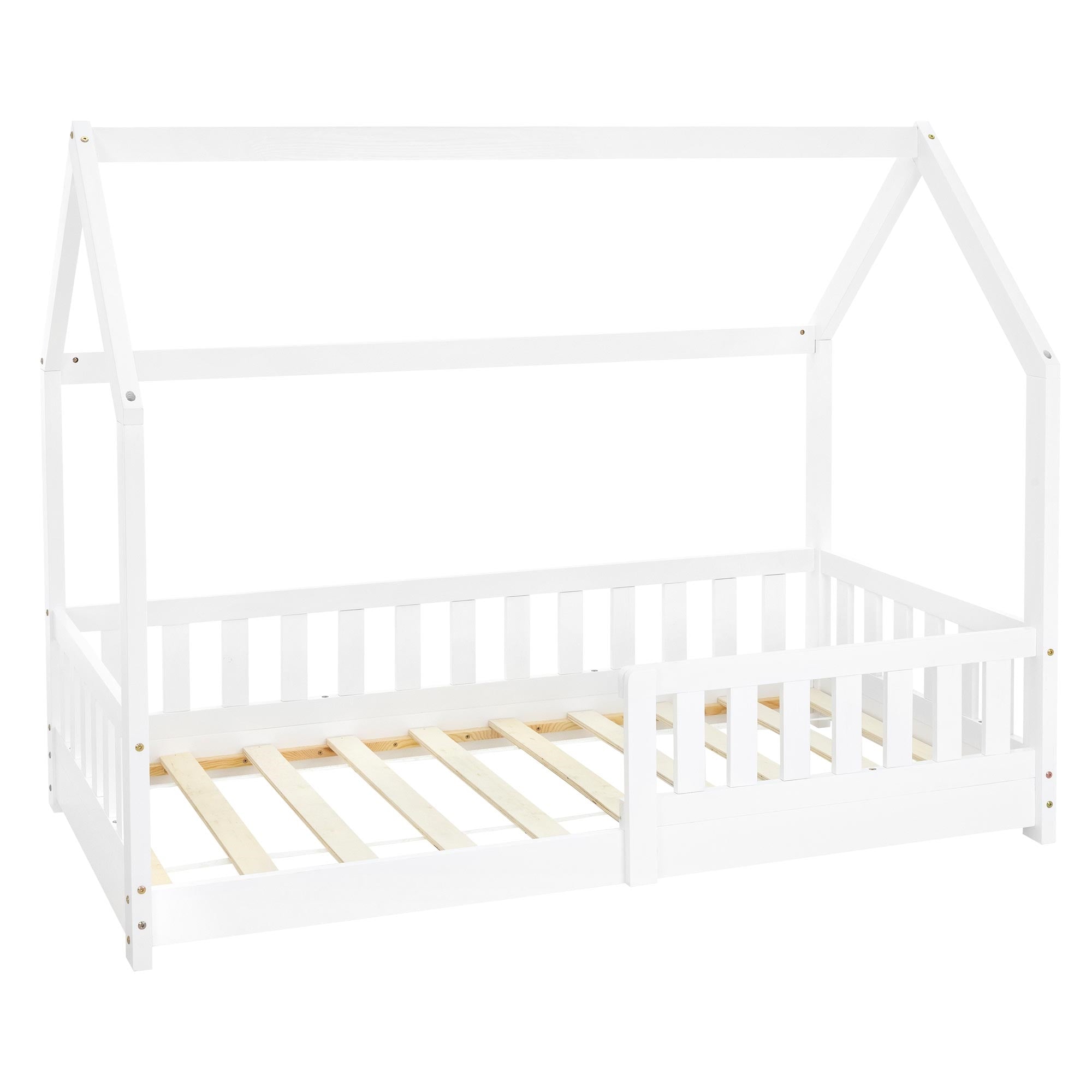 Cama infantil blanca en diseño de casa sin colchón, con somier.