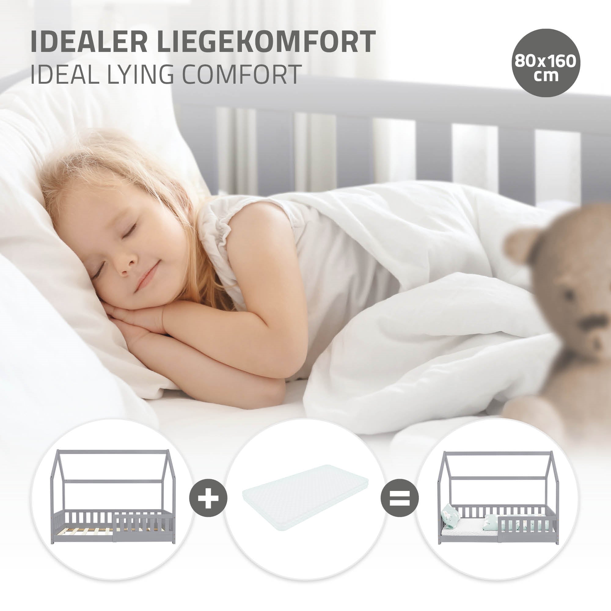 Schlafendes Kind in einem Bett, umgeben von weißen Decken und Kissen.