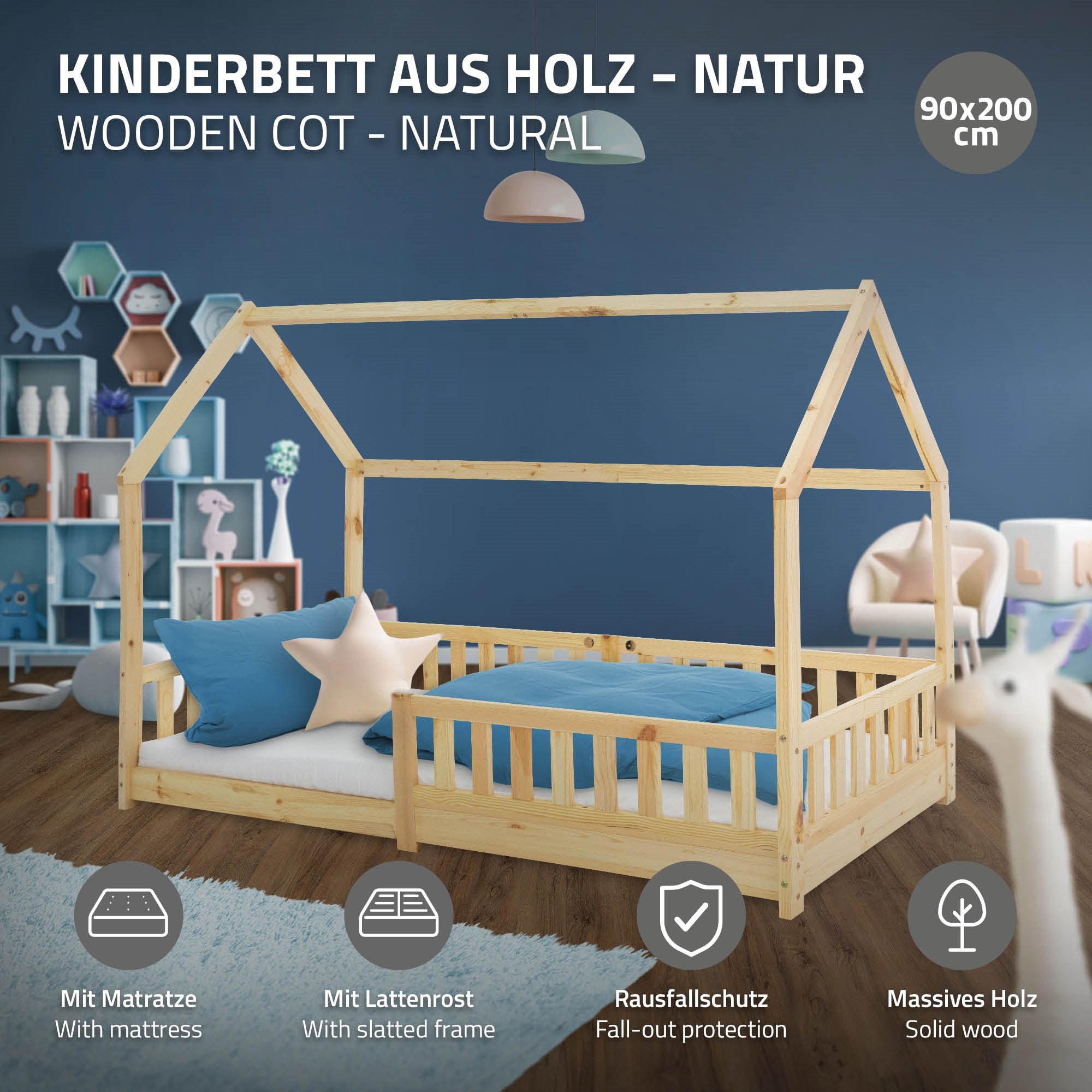 Holzkinderbett mit Matratze, Rausfallschutz und slatted frame.