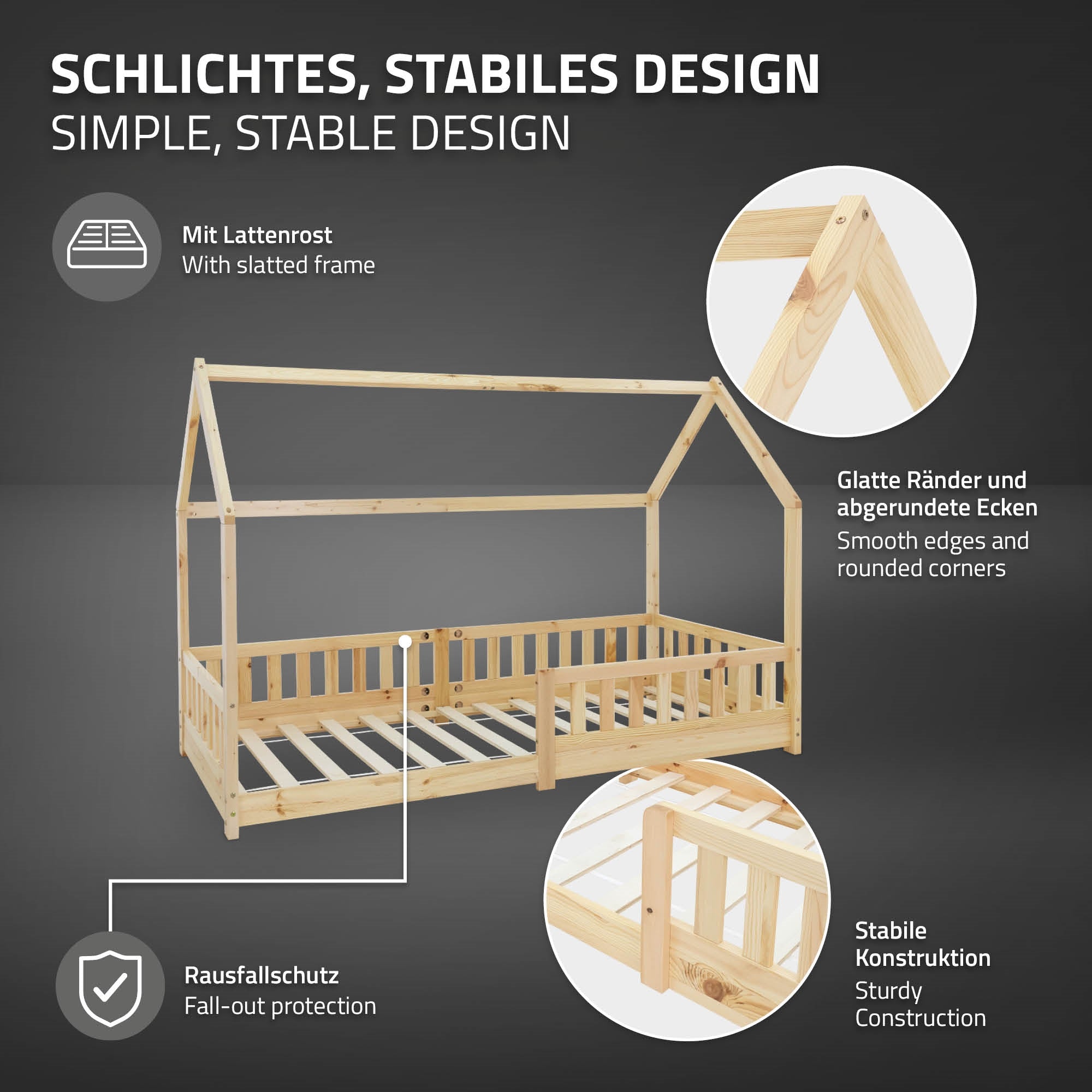 Holzbett mit schrägem Dach und stabilen Seiten, in hellem Holzton.