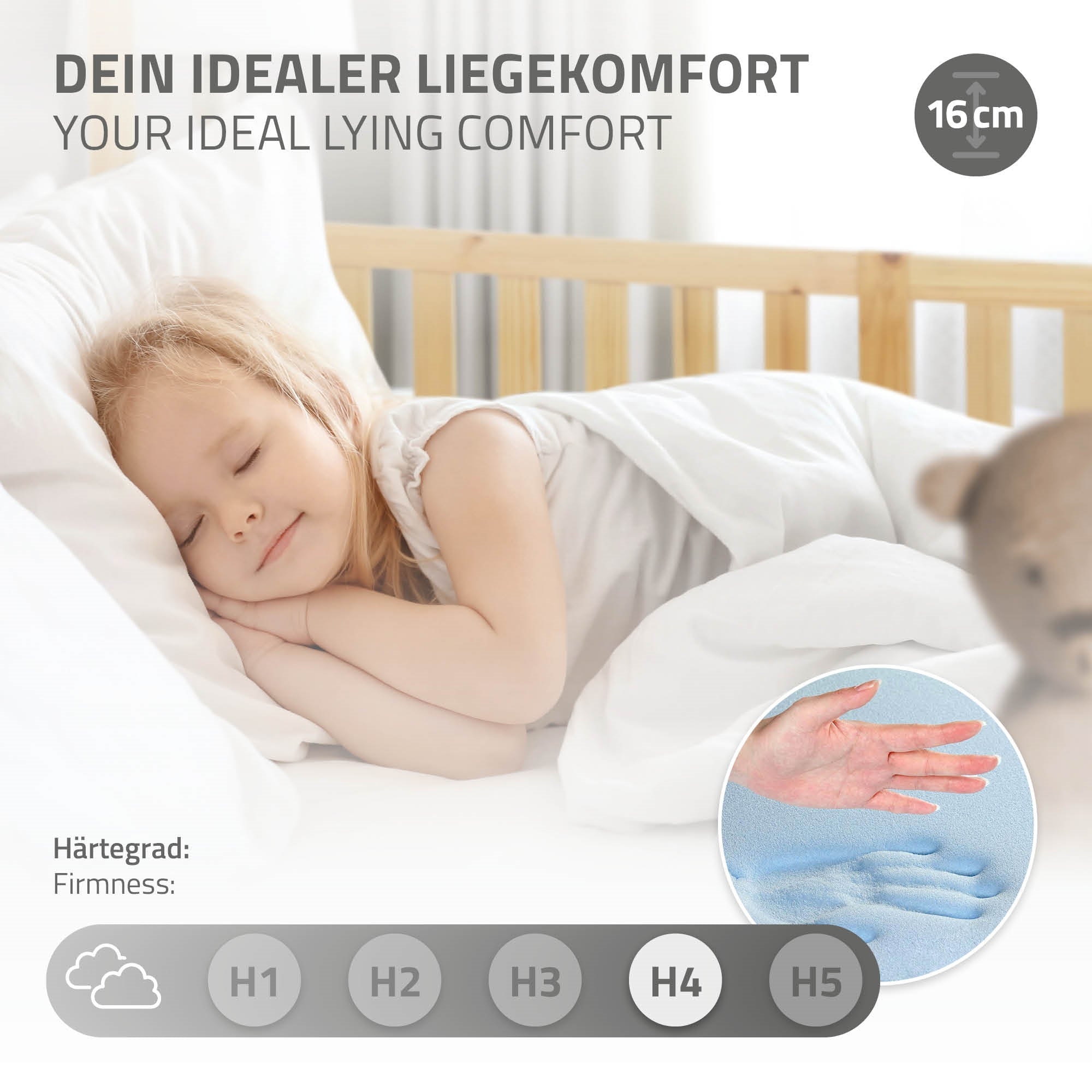 Schlafendes Kind auf einer Matratze, mit Hinweis auf Liegekomfort.