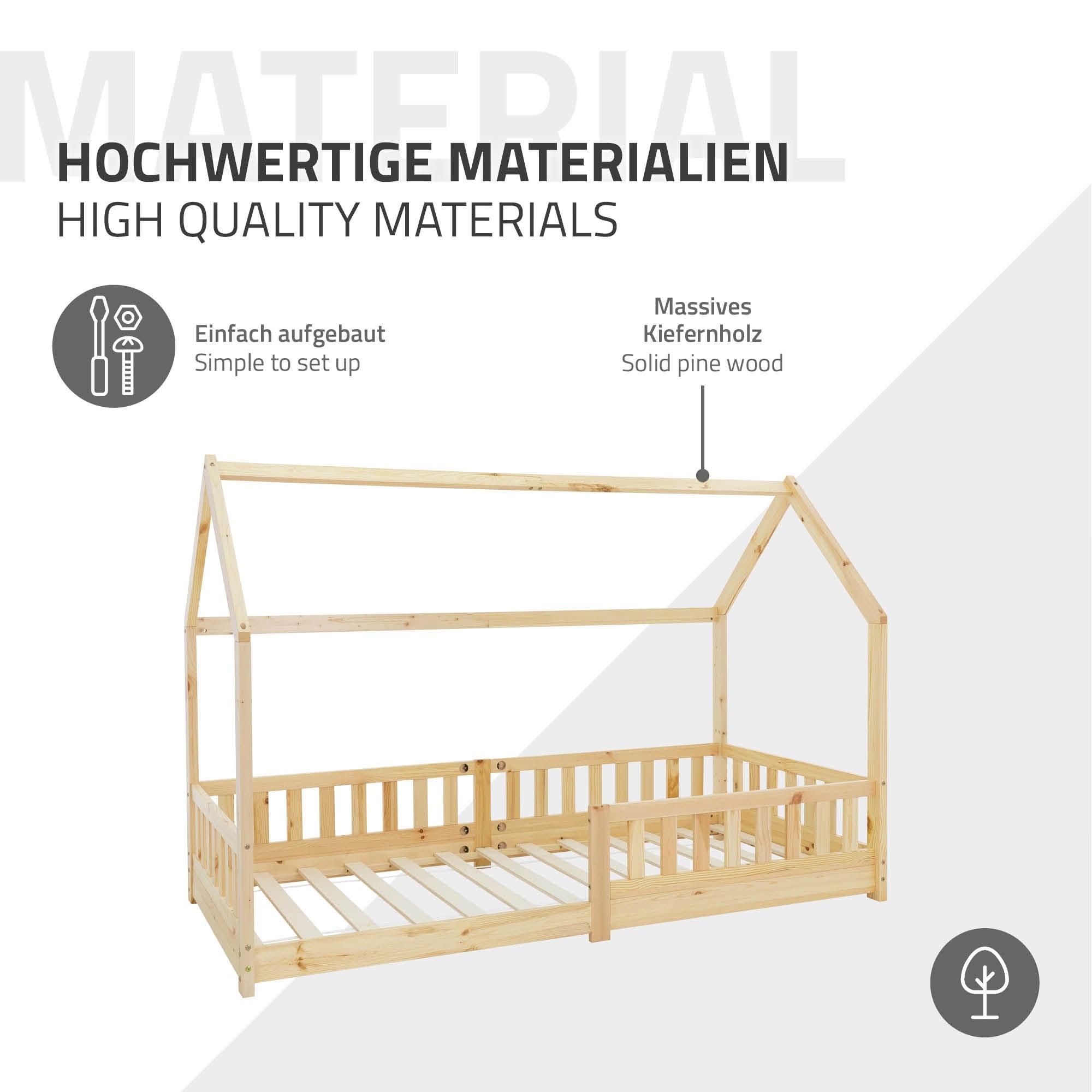 Holz-Kinderbett mit Dach, 90x200 cm, aus massivem Holz.