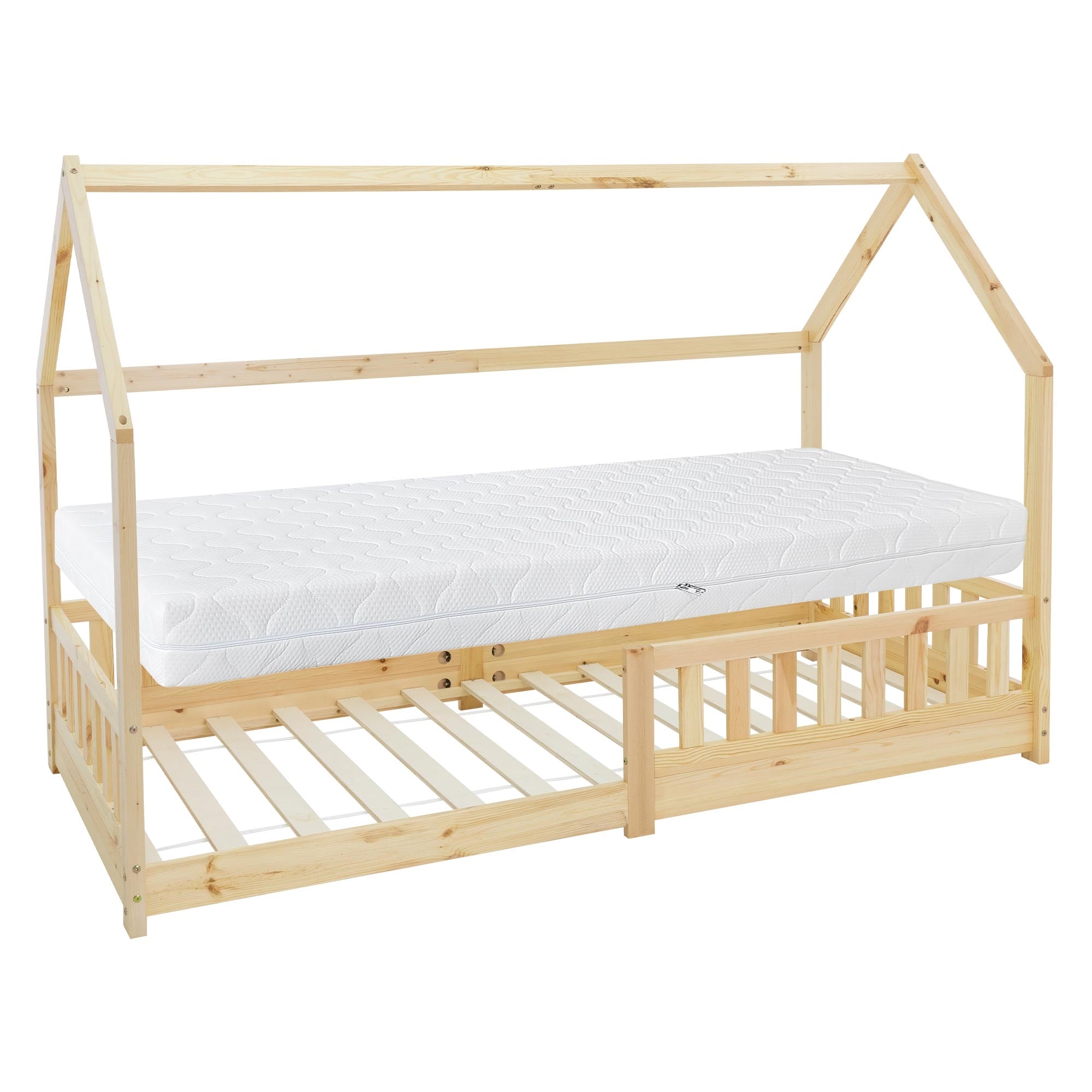 Holz-Kinderbett mit Matratze in Hausform, seitliche Gitter und Lattenrost.