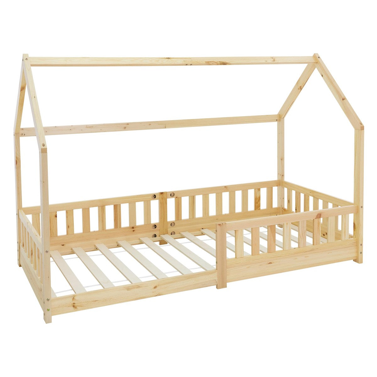 Holzbett in Form eines Hauses, ohne Matratze, mit Gitterseiten.