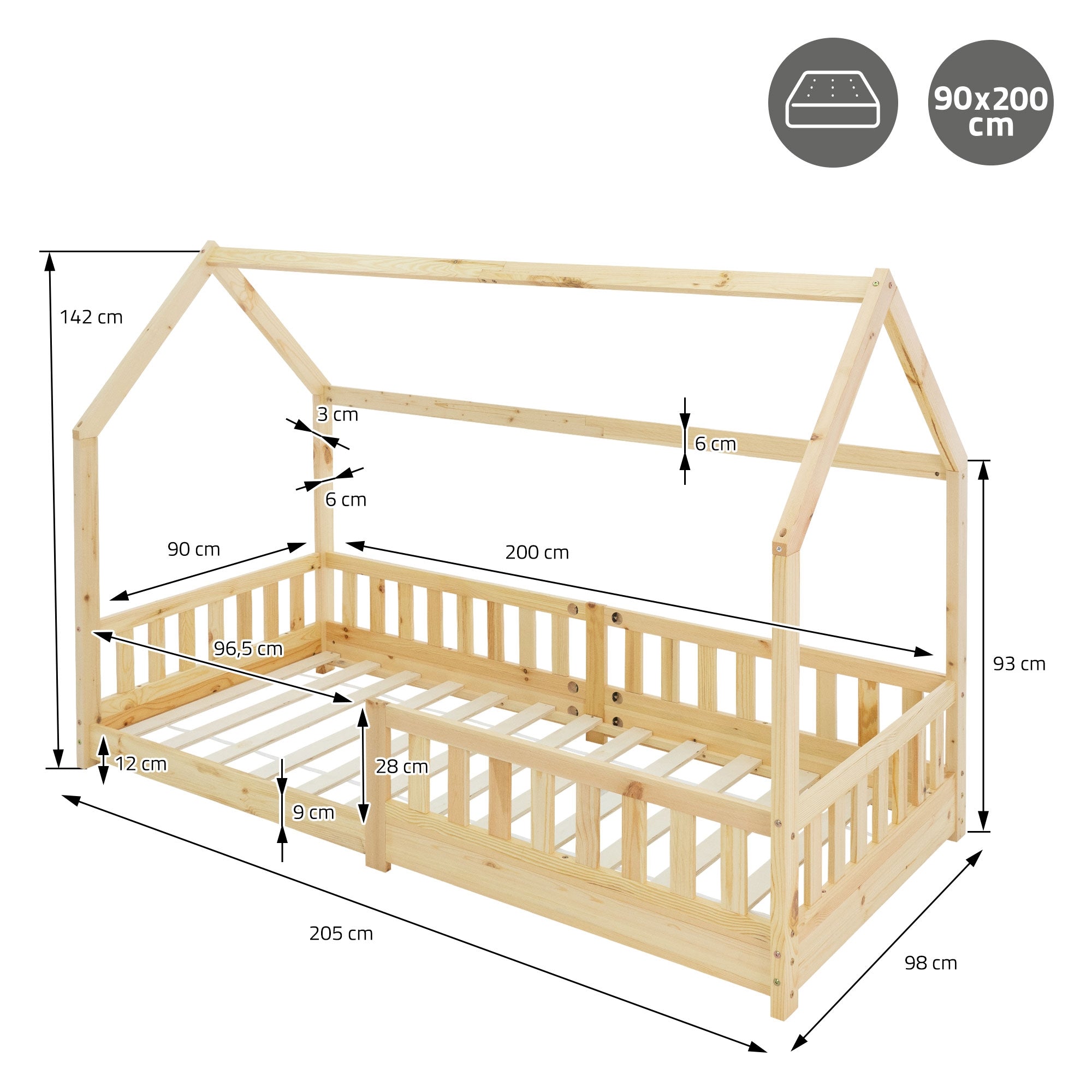 Holz-Kinderbett in Hausform mit Maßangaben und Abmessungen.