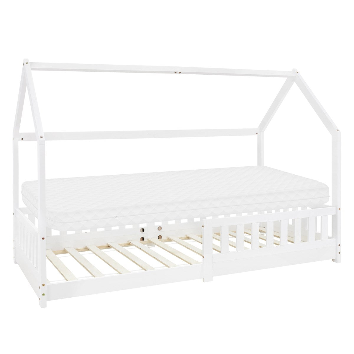 Cama infantil de madeira branca com colchão, 90 x 200 cm.