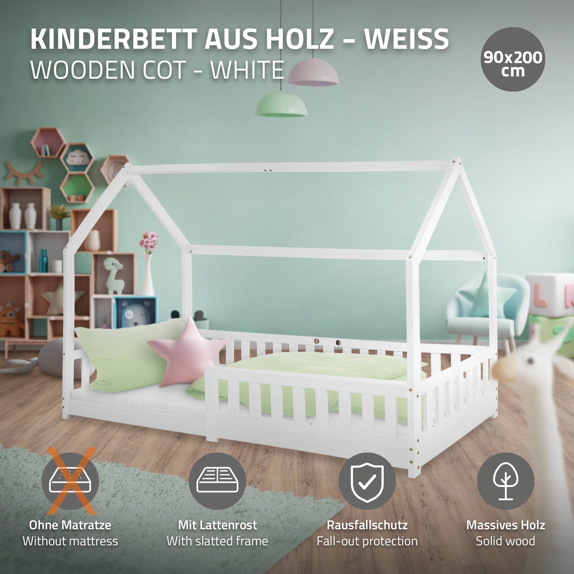 Weißes Kinderbett aus Holz mit slatted frame und Rausfallschutz.