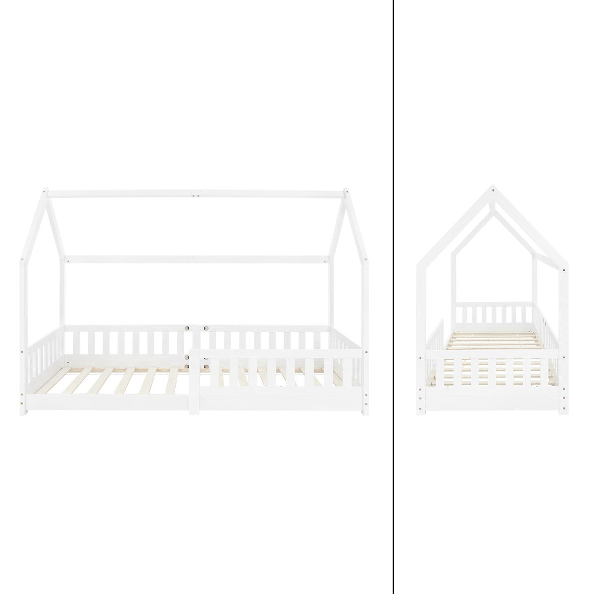 Weißes Kinderbett aus Holz, zeigt die Struktur und das Design.