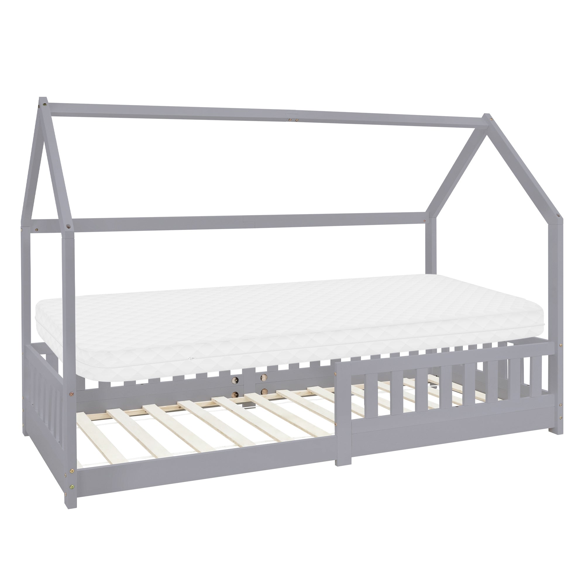 Ein graues Bett mit Dachform und Matratze, darunter ein Bettgestell mit Lattenrost.