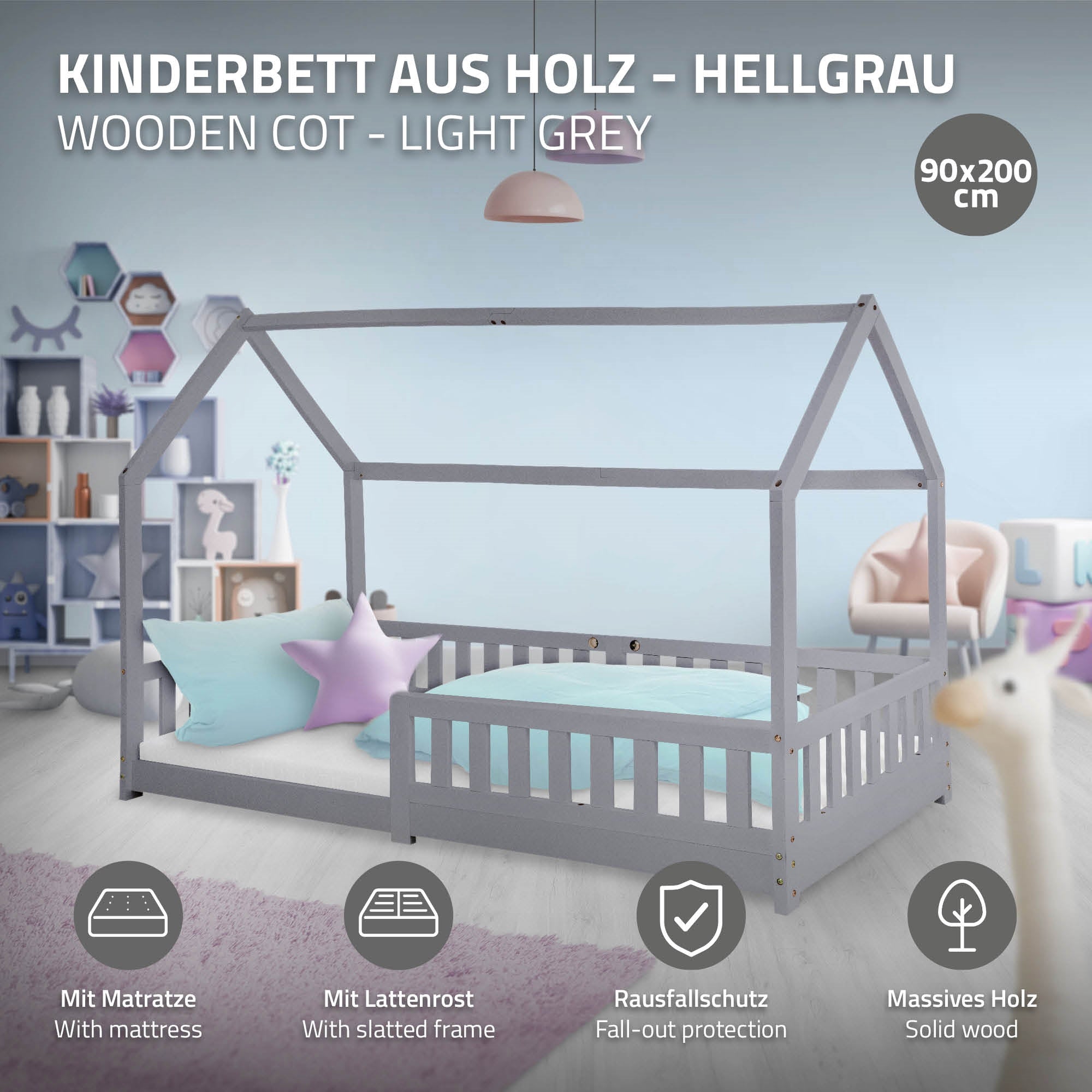Holz-Kinderbett in hellgrau, mit Matratze und Rausfallschutz, 90x200 cm.