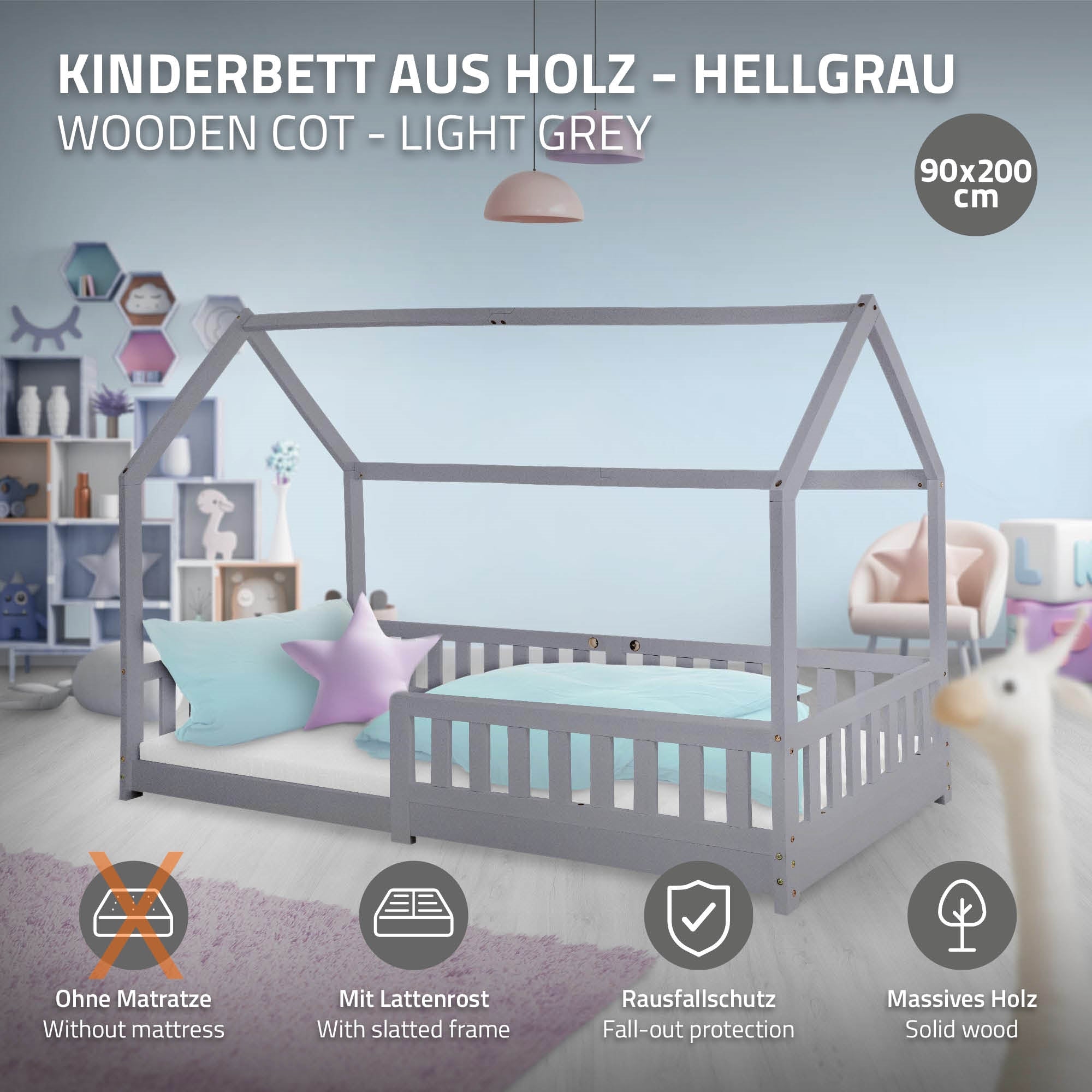 Ein hellgraues Kinderbett aus Holz mit einem slatted frame.