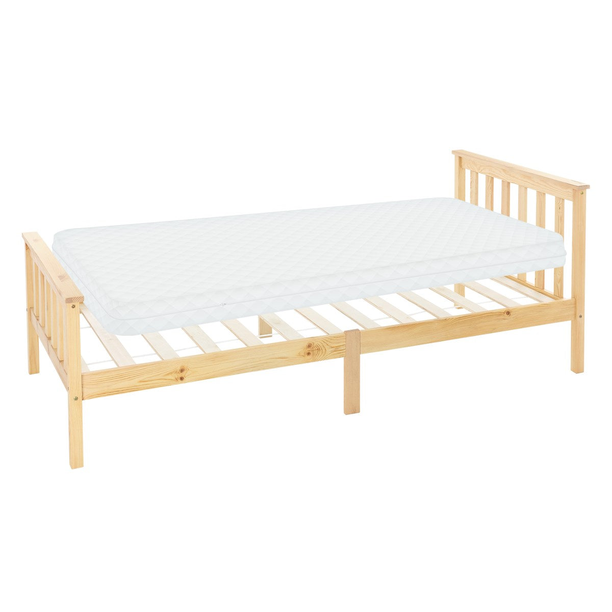 Einzelbett aus Holz mit Matratze, Lattenrost sichtbar.