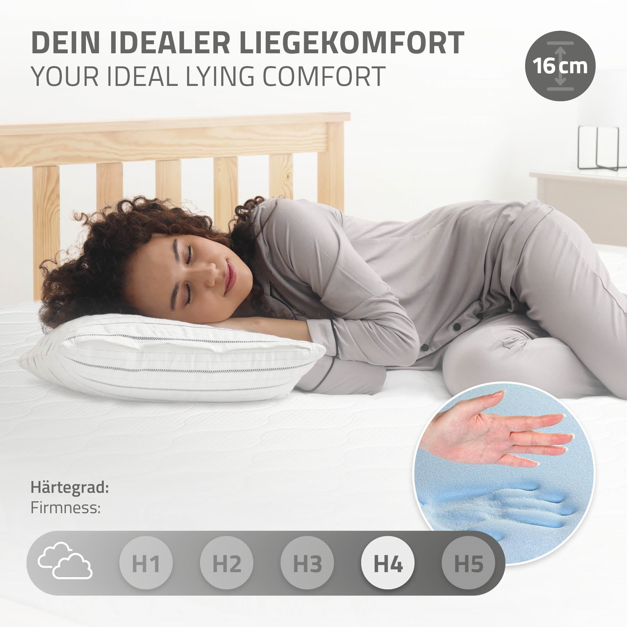 Person liegt auf einer Matratze, die den Härtegrad H4 zeigt.