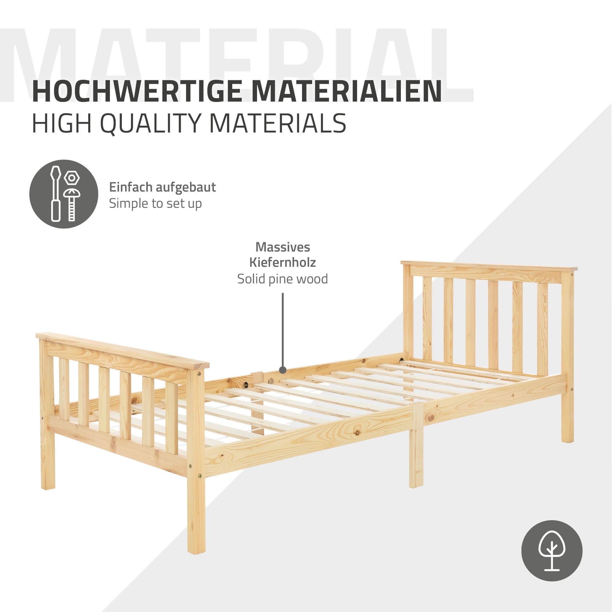 Bett aus massivem Kiefernholz, einfach aufzubauen, mit Lattenrost.