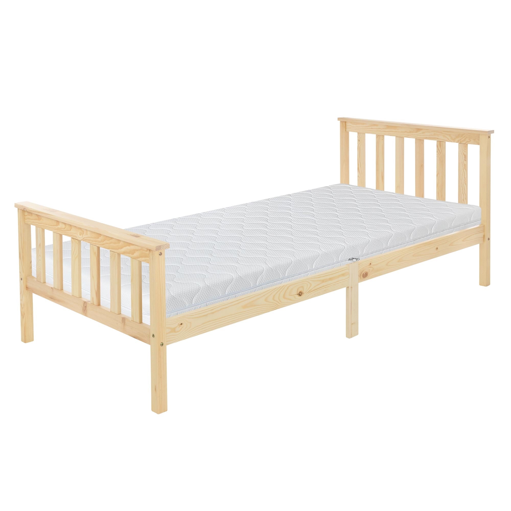 Einzelbett aus Holz mit Matratze und seitlichen Gitterstäben.