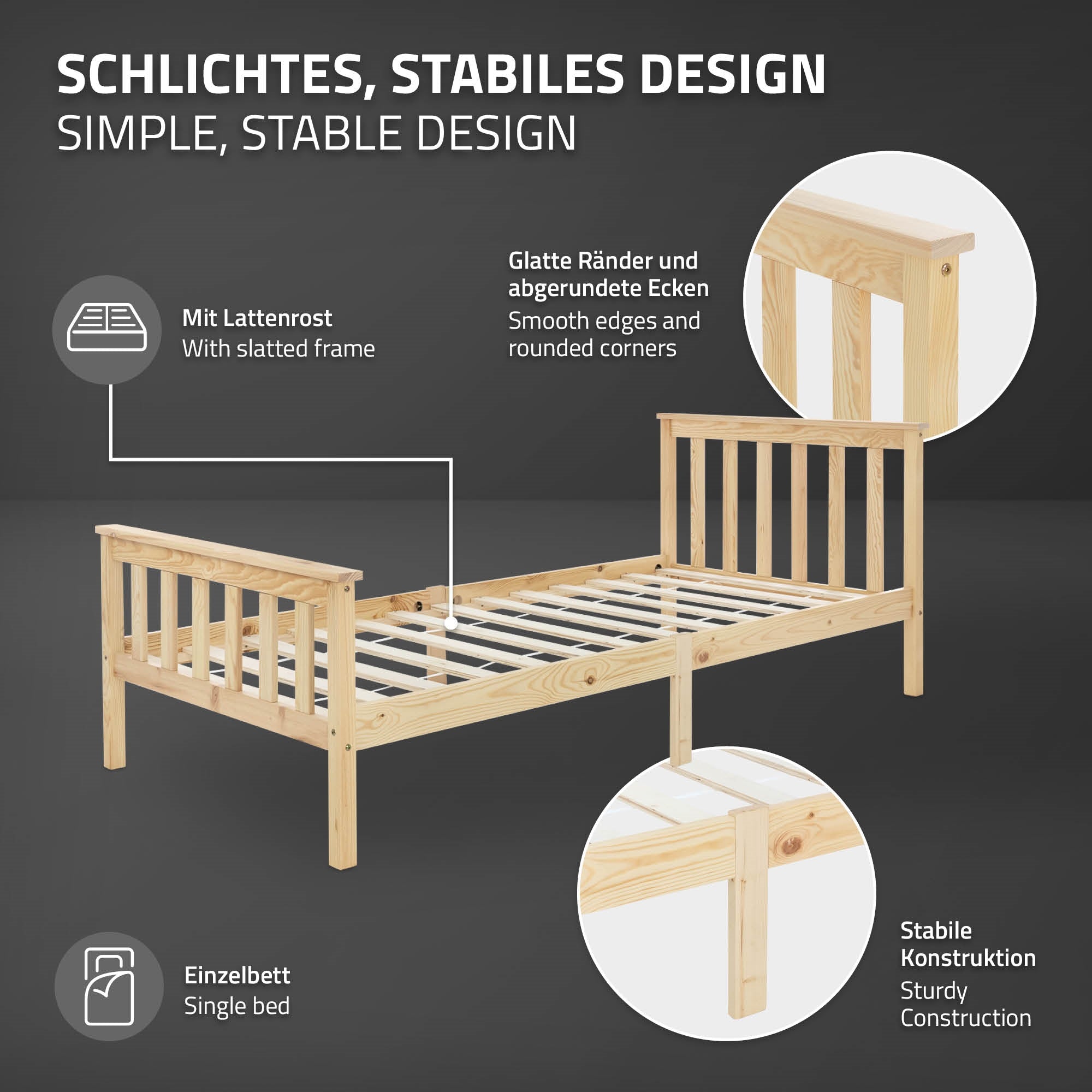 Grafik mit Informationen zu einem stabilen Bettdesign in Holzoptik.