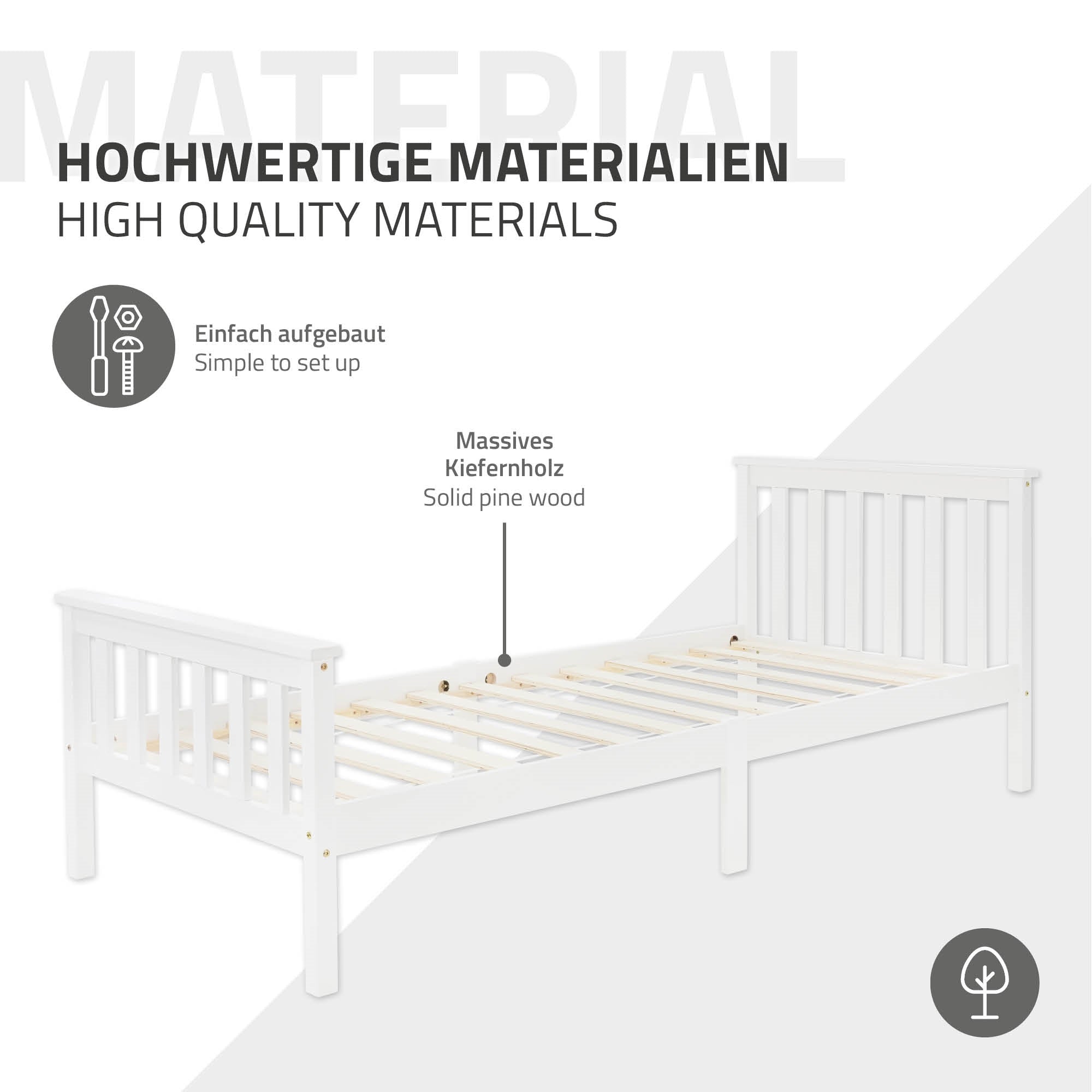 Weißes Bett aus massivem Kiefernholz, einfach aufgebaut.
