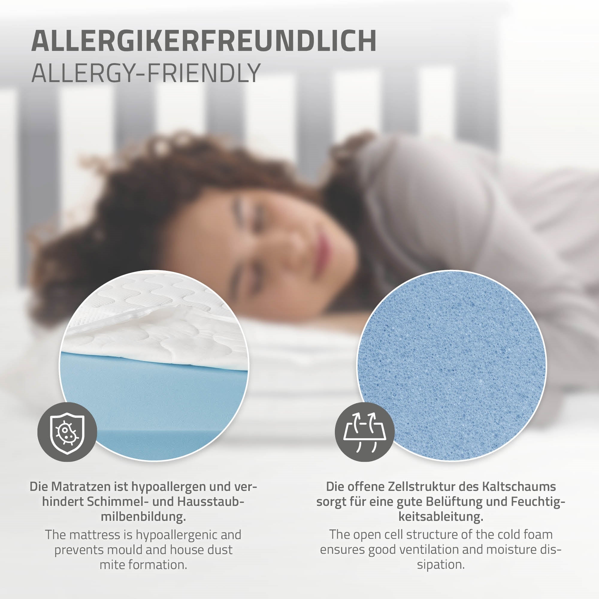 Schlafende Person auf einer Matratze mit hypoallergenem Bezug.