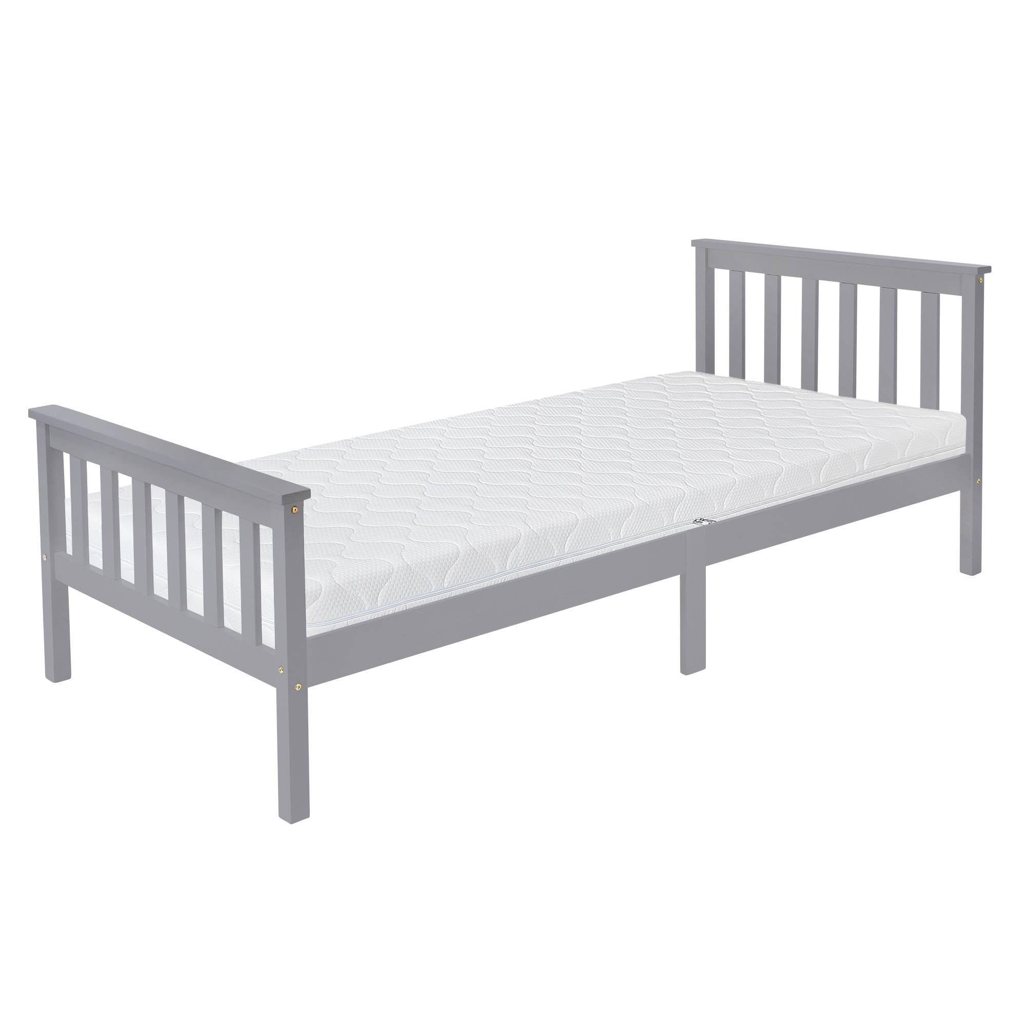Ein graues Bett mit Matratze, seitliche Gitter und ohne Bettwäsche.