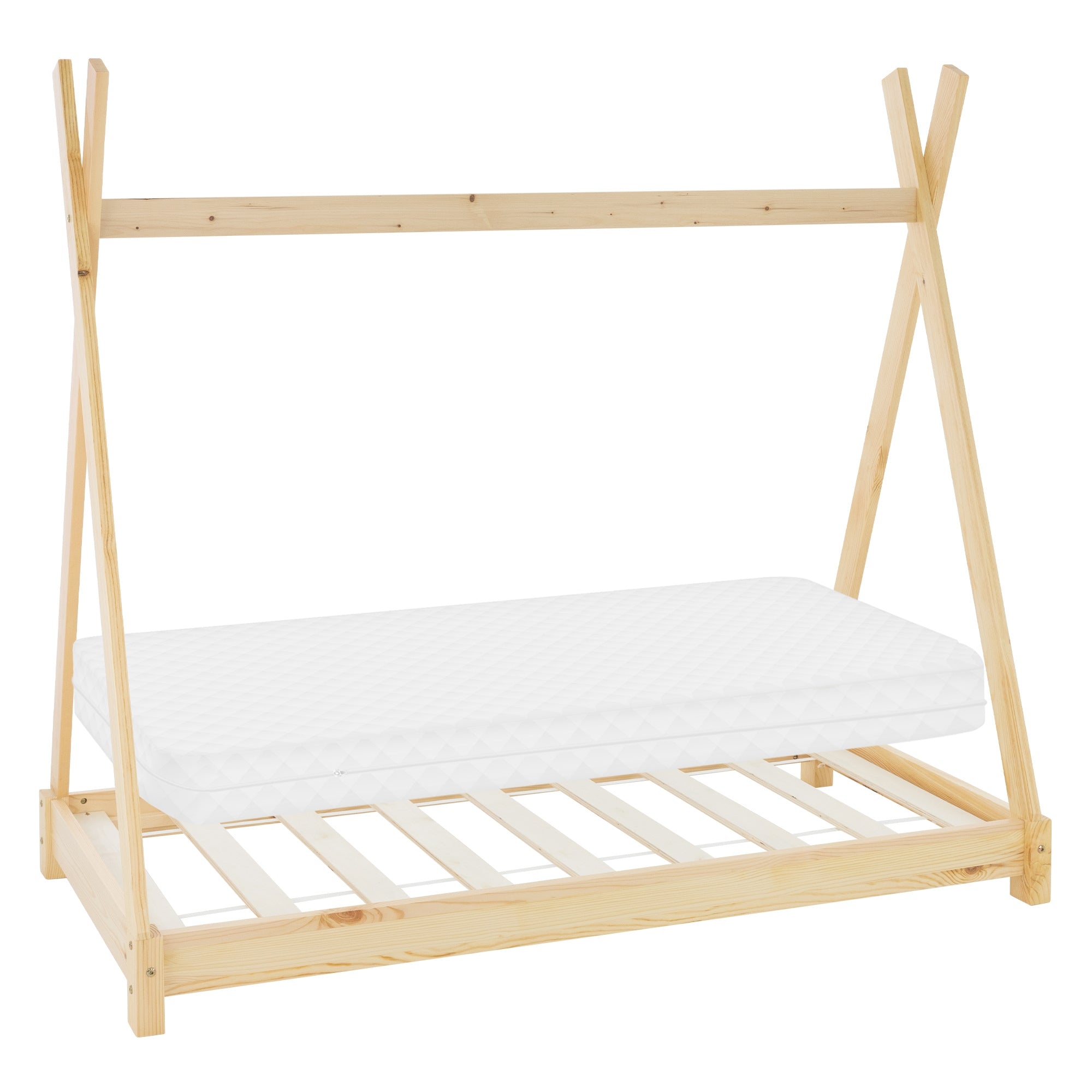 Estructura de cama con colchón, en madera clara, con diseño minimalista.